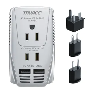 2000W Voltage Converter 220V to 110V, 10A Travel Adapter with 2-Port USB, Power Converter for Hair Dryer/Straightener/Curling Iron, US/UK/EU Plug, Gray