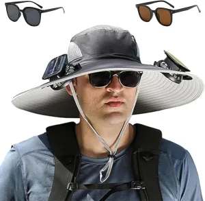 2025 New Solar Powered Fan hat, Wide Brim Solar Fan Hat USB Charging, for Men Fishing Camping UPF 50 