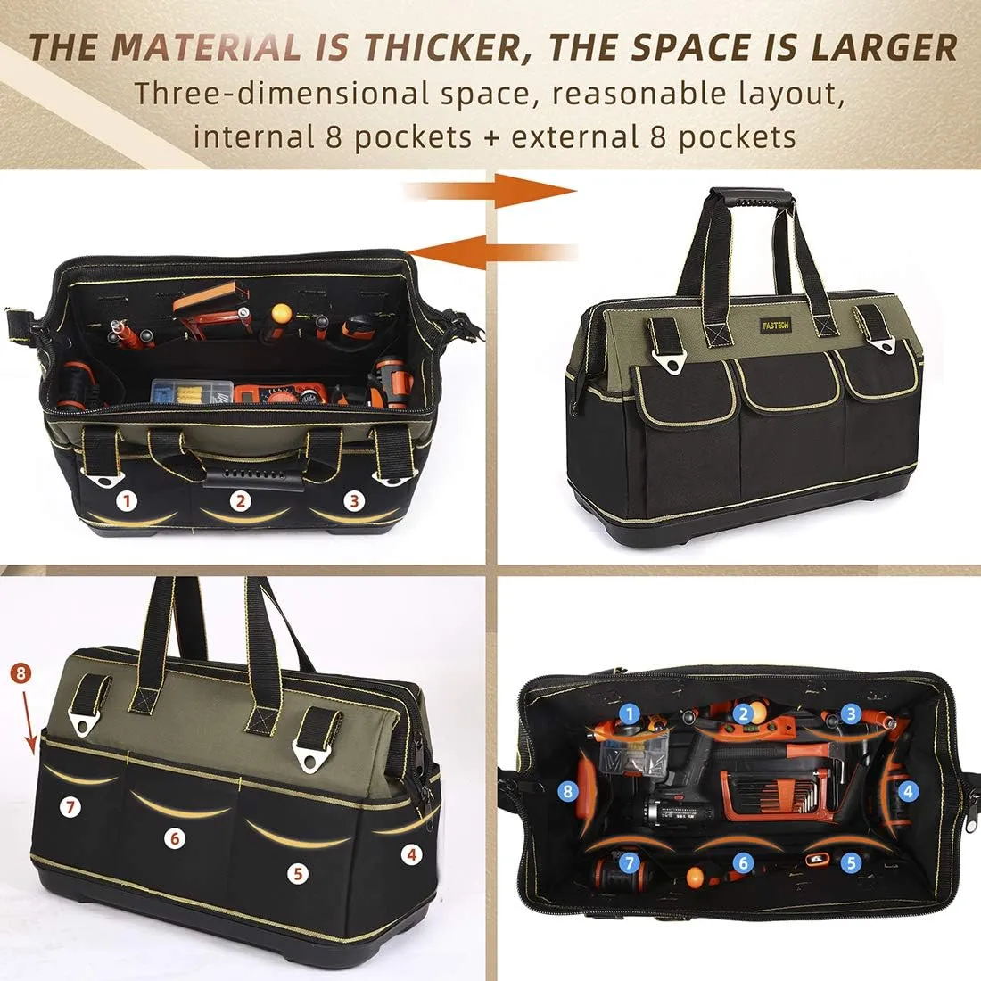 22-inch Wide Mouth Tool Bag with Water Proof Molded Base，Wide Mouth Tool Tote Bag,Waterproof Tool Organizer Bag for Men with Adjustable Shoulder Strap (22 inch)