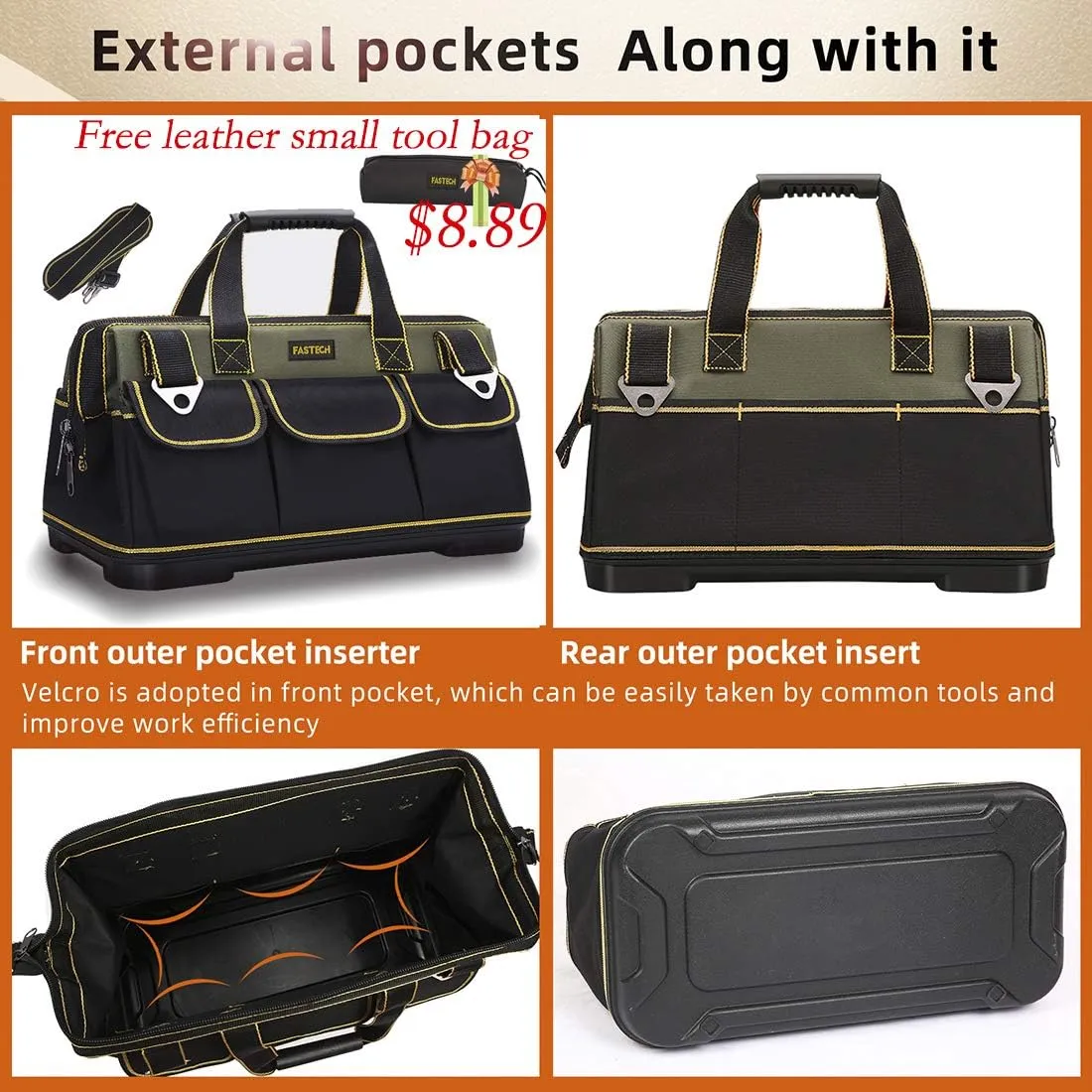 22-inch Wide Mouth Tool Bag with Water Proof Molded Base，Wide Mouth Tool Tote Bag,Waterproof Tool Organizer Bag for Men with Adjustable Shoulder Strap (22 inch)