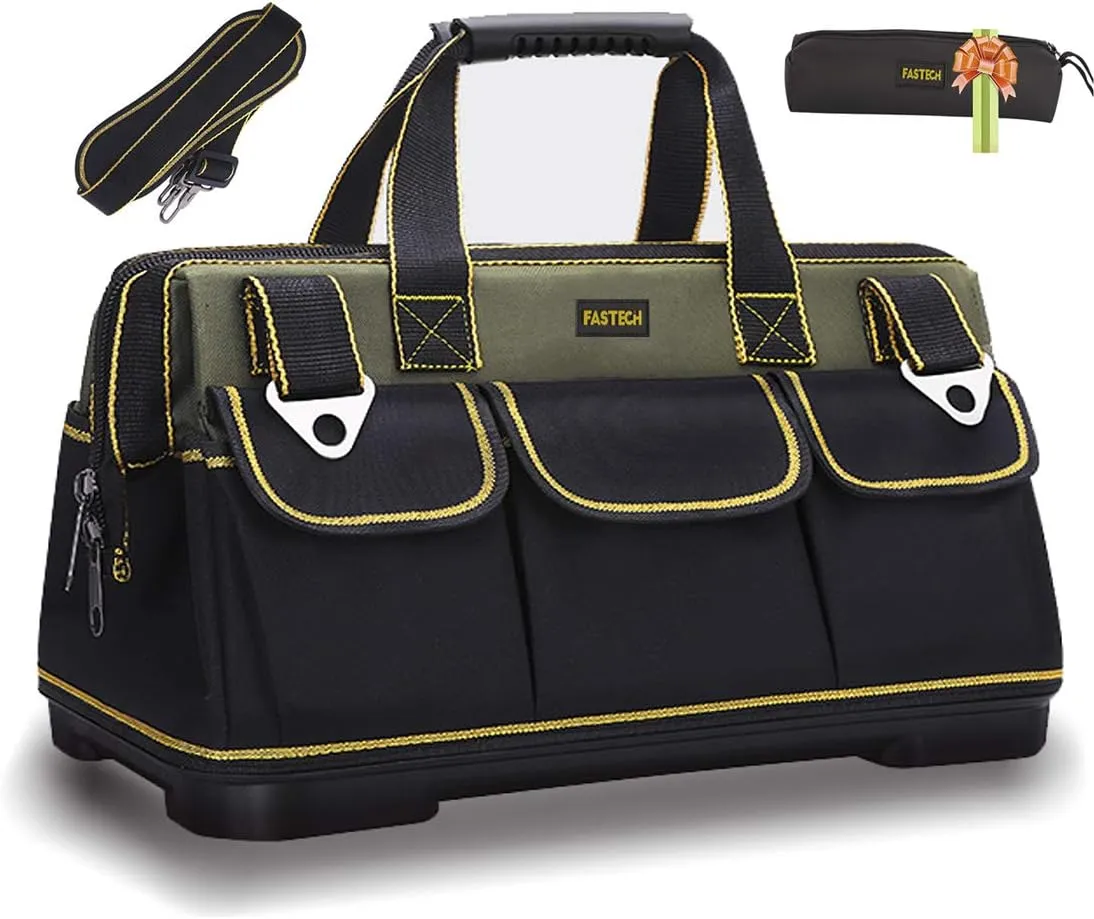 22-inch Wide Mouth Tool Bag with Water Proof Molded Base，Wide Mouth Tool Tote Bag,Waterproof Tool Organizer Bag for Men with Adjustable Shoulder Strap (22 inch)