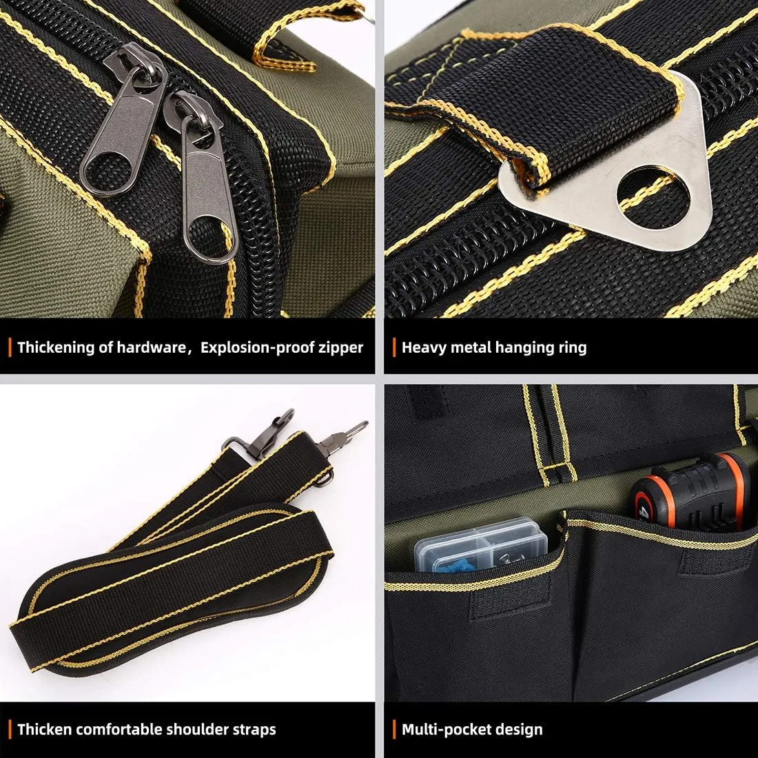 22-inch Wide Mouth Tool Bag with Water Proof Molded Base，Wide Mouth Tool Tote Bag,Waterproof Tool Organizer Bag for Men with Adjustable Shoulder Strap (22 inch)