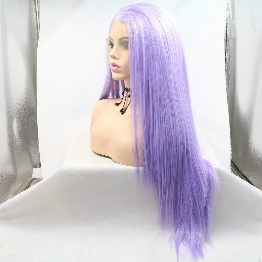 24" Long Straight Pastel Lilac Purple Wig Heat Resistant Fiber Purple Color Synthetic Lace Front Wigs for Women Daily Use Party Cospaly Drag Queen Middle Part Natural Hairline