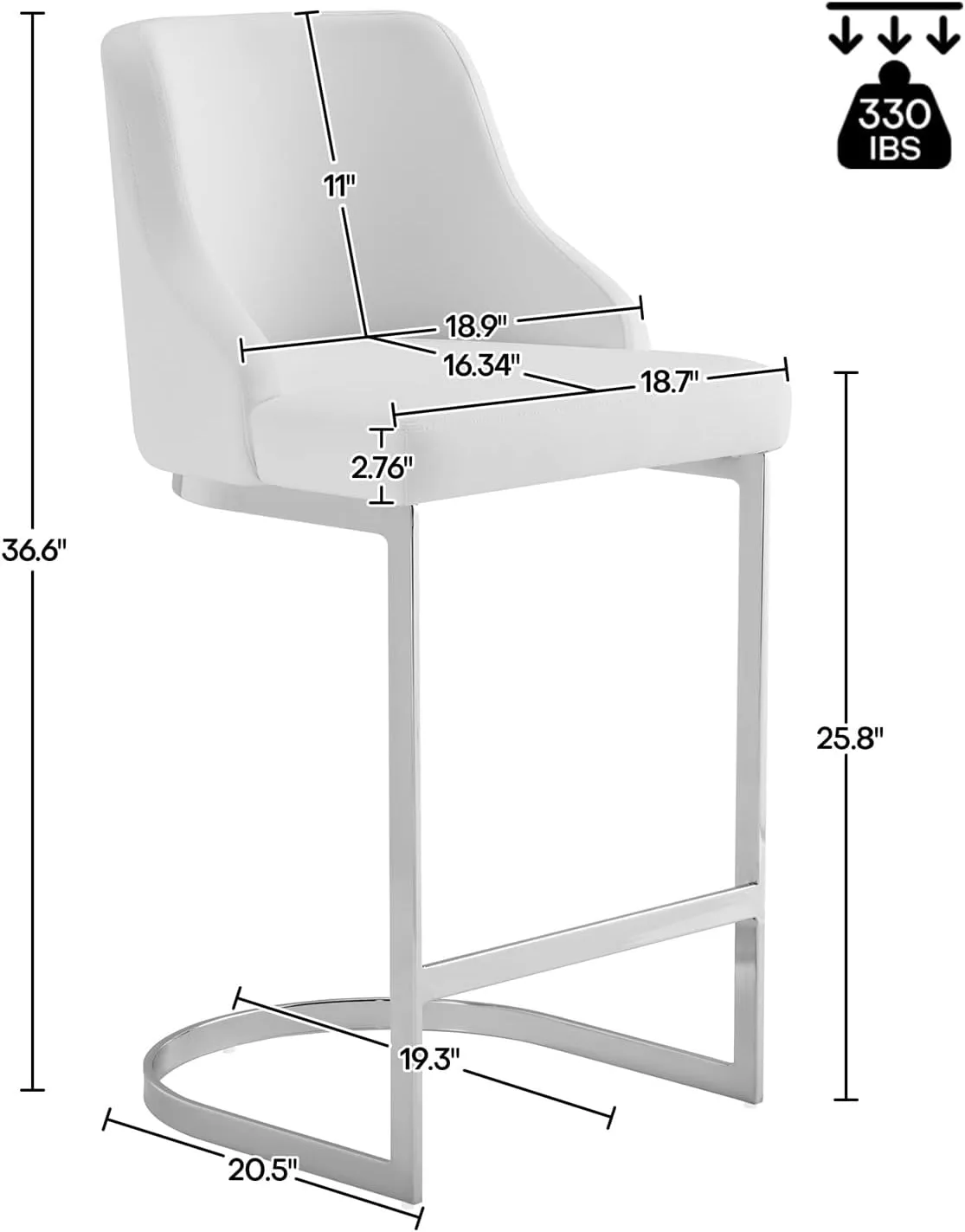26-Inch Bar Stools, Counter Height Bar Stools with Back, Modern Counter Stools with Steel U-Shaped Base, Upholstered PU Leather Barstool for Kitchen Counter Island, White