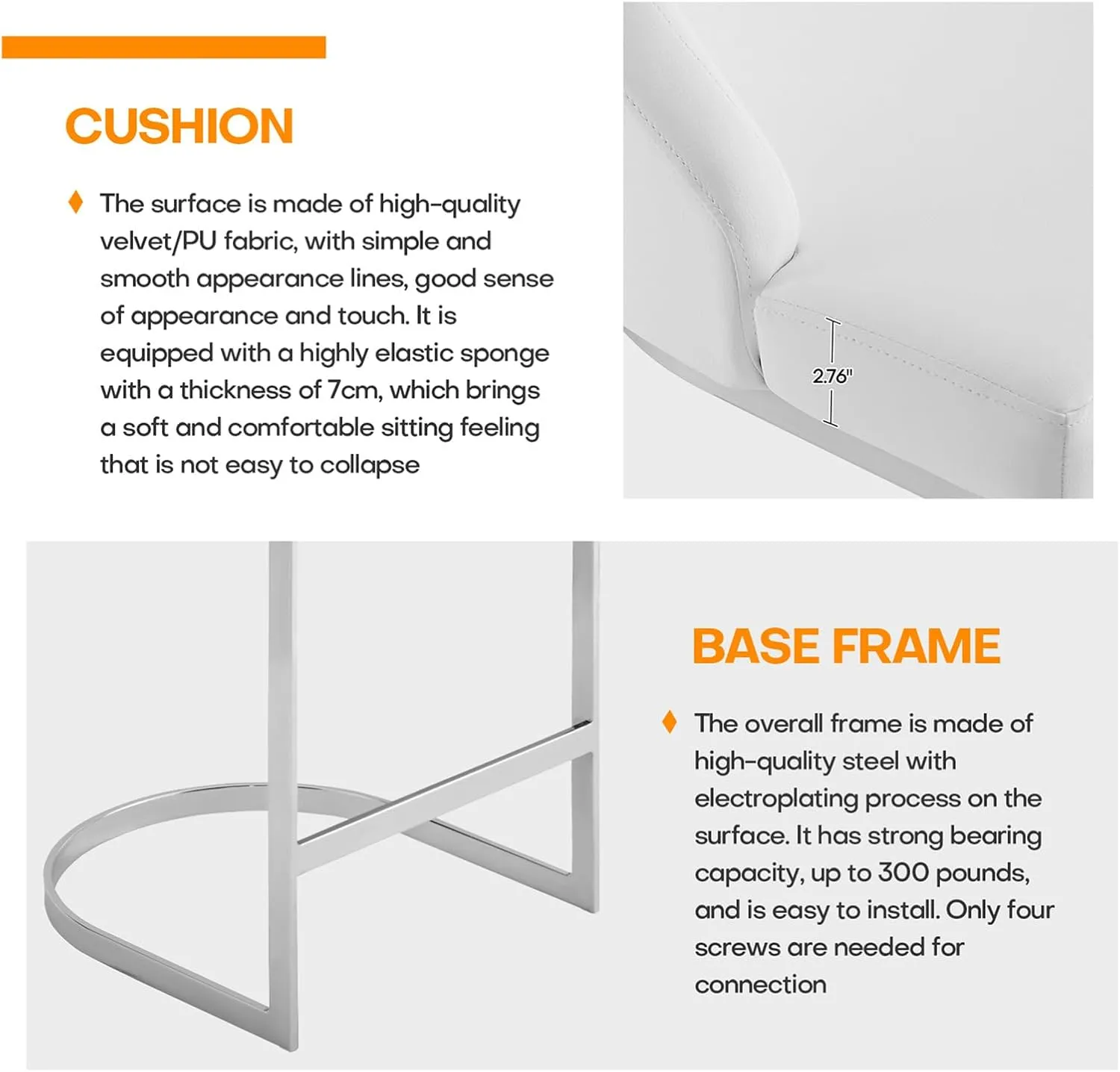 26-Inch Bar Stools, Counter Height Bar Stools with Back, Modern Counter Stools with Steel U-Shaped Base, Upholstered PU Leather Barstool for Kitchen Counter Island, White