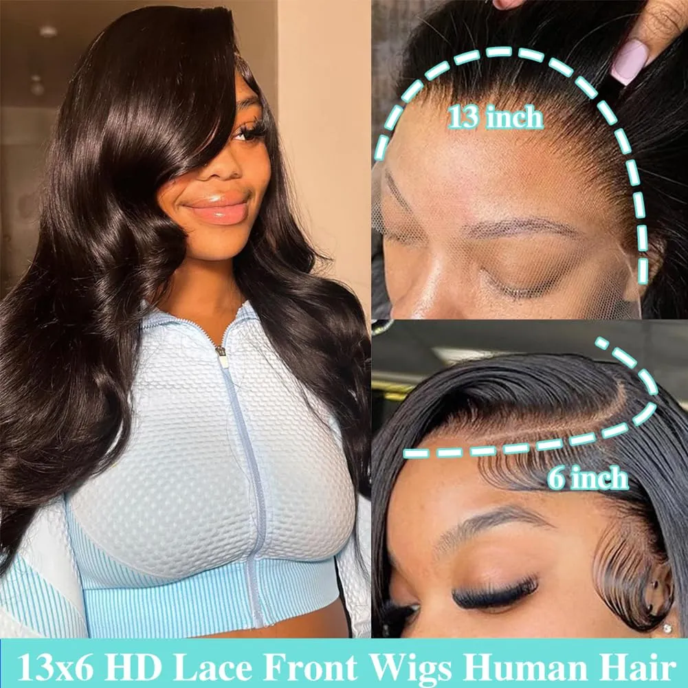 28 Inch 13x6 Lace Front Wigs Human Hair Body Wave Wig 200% Density 13x6 HD Lace Frontal Wigs Human Hair Glueless Wigs Human Hair for Women Brazilian Virgin Human Hair Wig Natural Color
