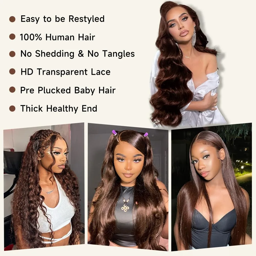 28 Inch Chocolate Brown Lace Front Wig 13x4 Body Wave Lace Front Wigs Human Hair Pre Plucked with Baby Hair Brown Wig Human Hair 200 Density HD Lace Frontal Wigs Human Hair