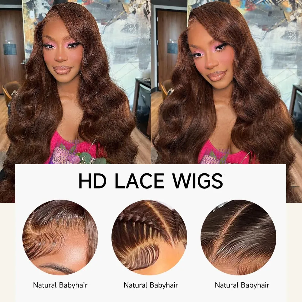 28 Inch Chocolate Brown Lace Front Wig 13x4 Body Wave Lace Front Wigs Human Hair Pre Plucked with Baby Hair Brown Wig Human Hair 200 Density HD Lace Frontal Wigs Human Hair
