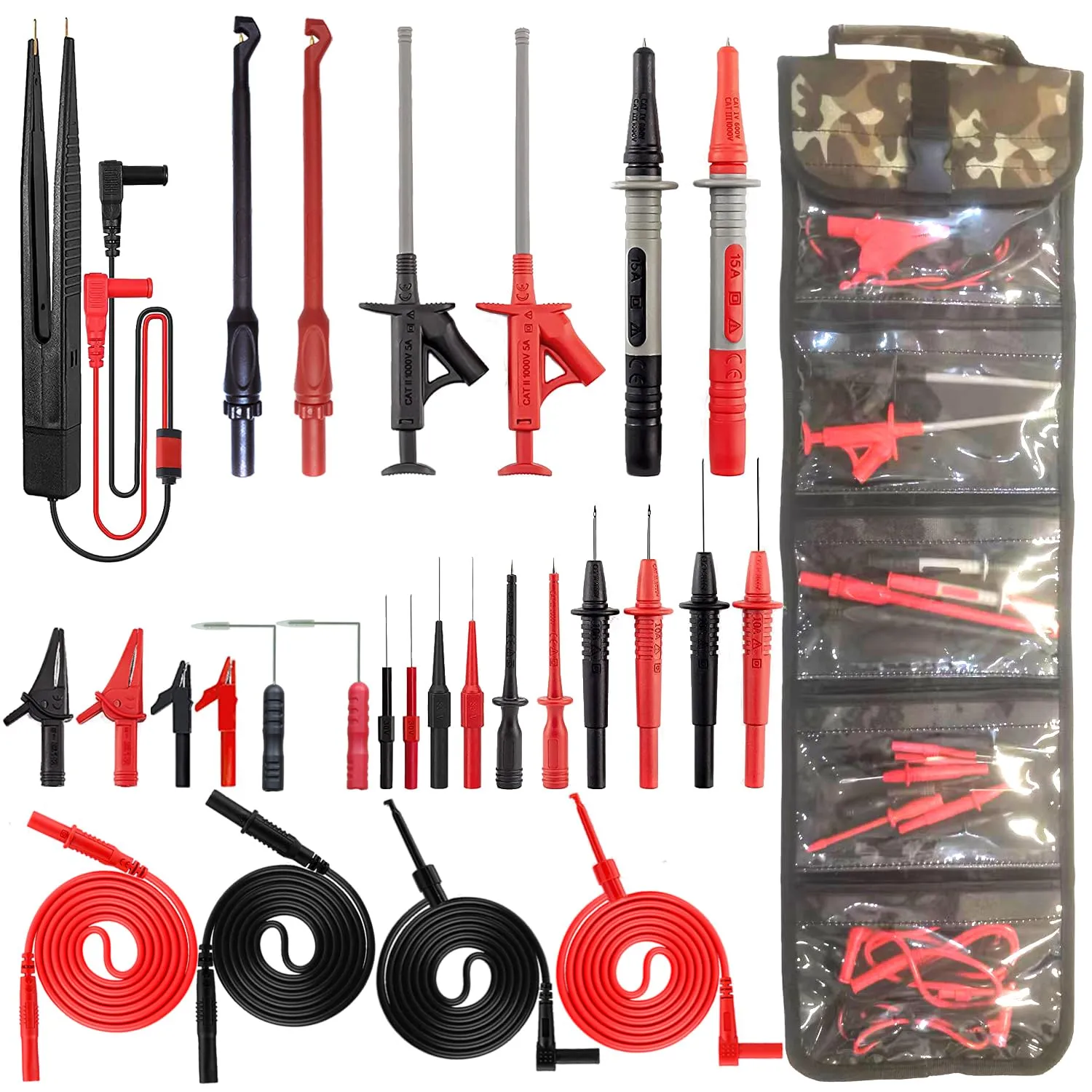 28PCS Multimeter Test Leads Kit with 6 Pockets Roll Up Tool Bag, Replaceable Wire Piercing Probes, Alligator Clips, Test Hook Clips, Test Tweezer for Digital Electrical Multimeter Testing