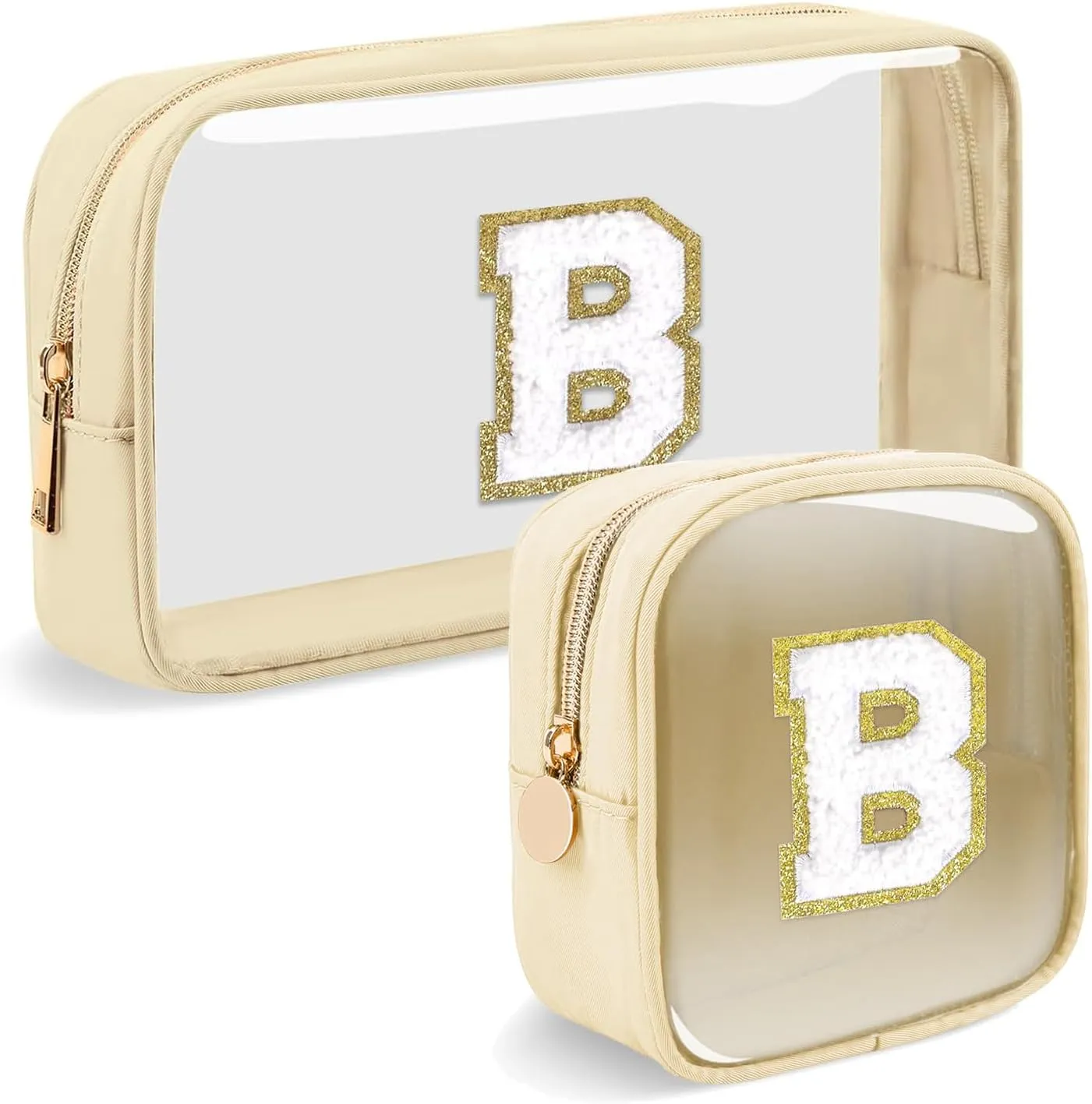 2pcs Personalized Initial Letter Clear Makeup Bag | Waterproof Nylon Preppy Cosmetic Bag | Travel Toiletry Bag | Monogrammed Gifts for Women Girl | Wedding Bridal Shower Gifts for Bridesmaids(Beige B)