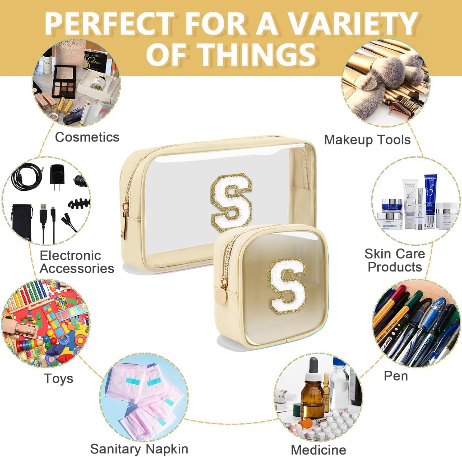2pcs Personalized Initial Letter Clear Makeup Bag | Waterproof Nylon Preppy Cosmetic Bag | Travel Toiletry Bag | Monogrammed Gifts for Women Girl | Wedding Bridal Shower Gifts for Bridesmaids(Beige B)