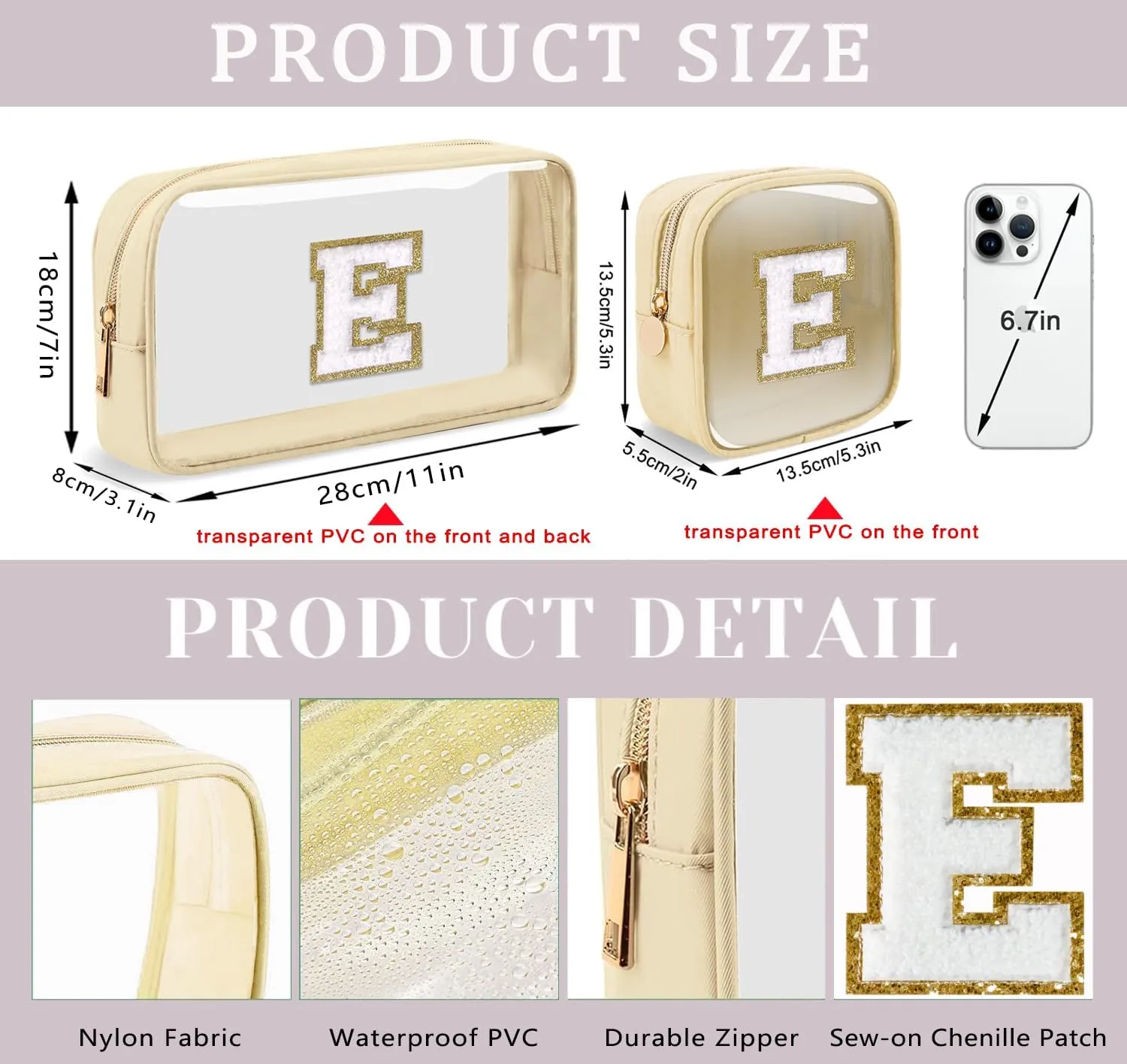2pcs Personalized Initial Letter Clear Makeup Bag | Waterproof Nylon Preppy Cosmetic Bag | Travel Toiletry Bag | Monogrammed Gifts for Women Girl | Wedding Bridal Shower Gifts for Bridesmaids(Beige B)