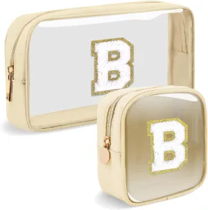 2pcs Personalized Initial Letter Clear Makeup Bag | Waterproof Nylon Preppy Cosmetic Bag | Travel Toiletry Bag | Monogrammed Gifts for Women Girl | Wedding Bridal Shower Gifts for Bridesmaids(Beige B)