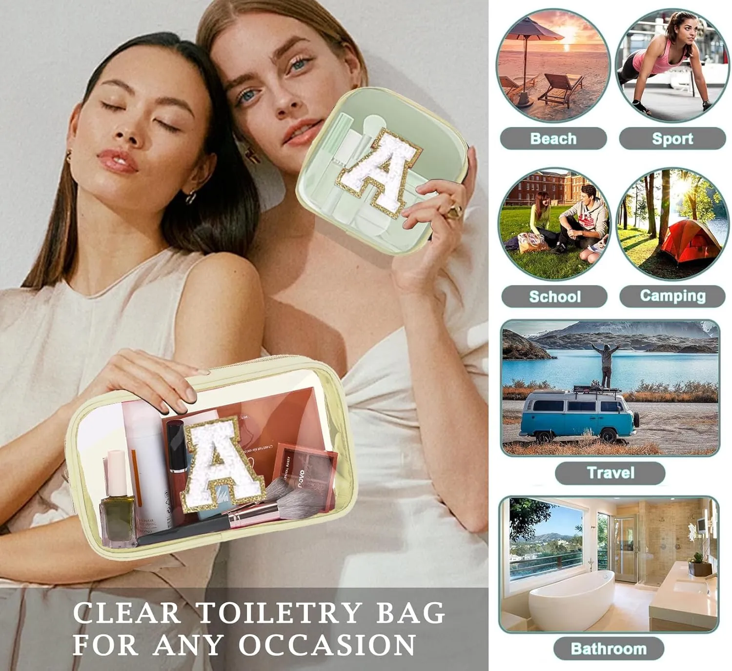 2pcs Personalized Initial Letter Clear Makeup Bag | Waterproof Nylon Preppy Cosmetic Bag | Travel Toiletry Bag | Monogrammed Gifts for Women Girl | Wedding Bridal Shower Gifts for Bridesmaids(Beige B)