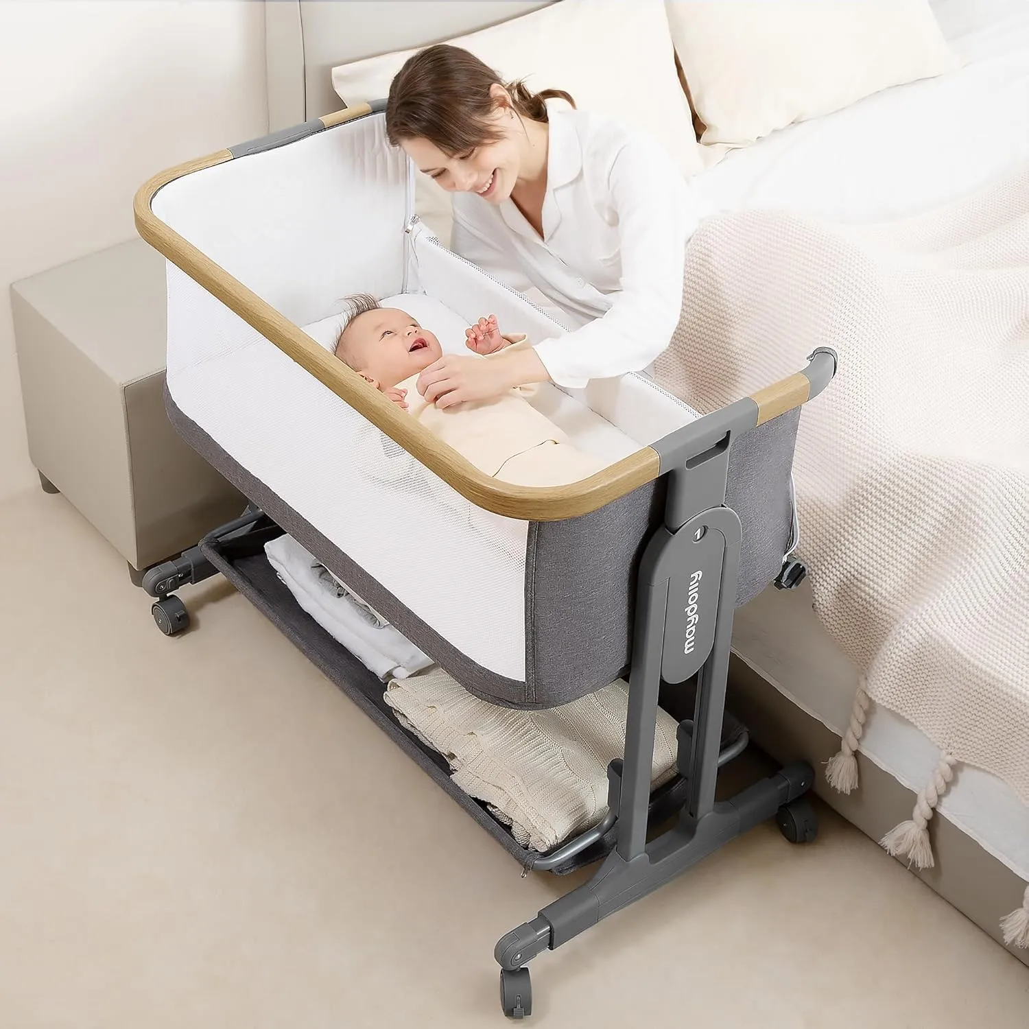 3-in-1 Baby Bassinet Bedside Sleeper, Baby Bassinet Bedside Crib with Mattress & Breathable Sheet, Full Mesh Sides, 7 Height Levels, Stable & Secure Bedside Crib for Newborns (Grey)