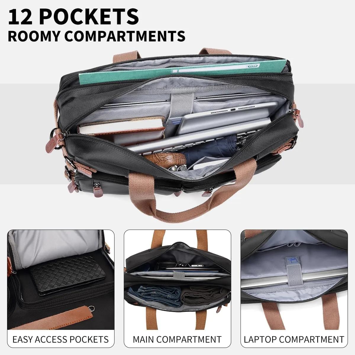 3 in 1 Computer Bag for Men, 17.3 Inch Laptop Backpack, Work Briefcase, Black