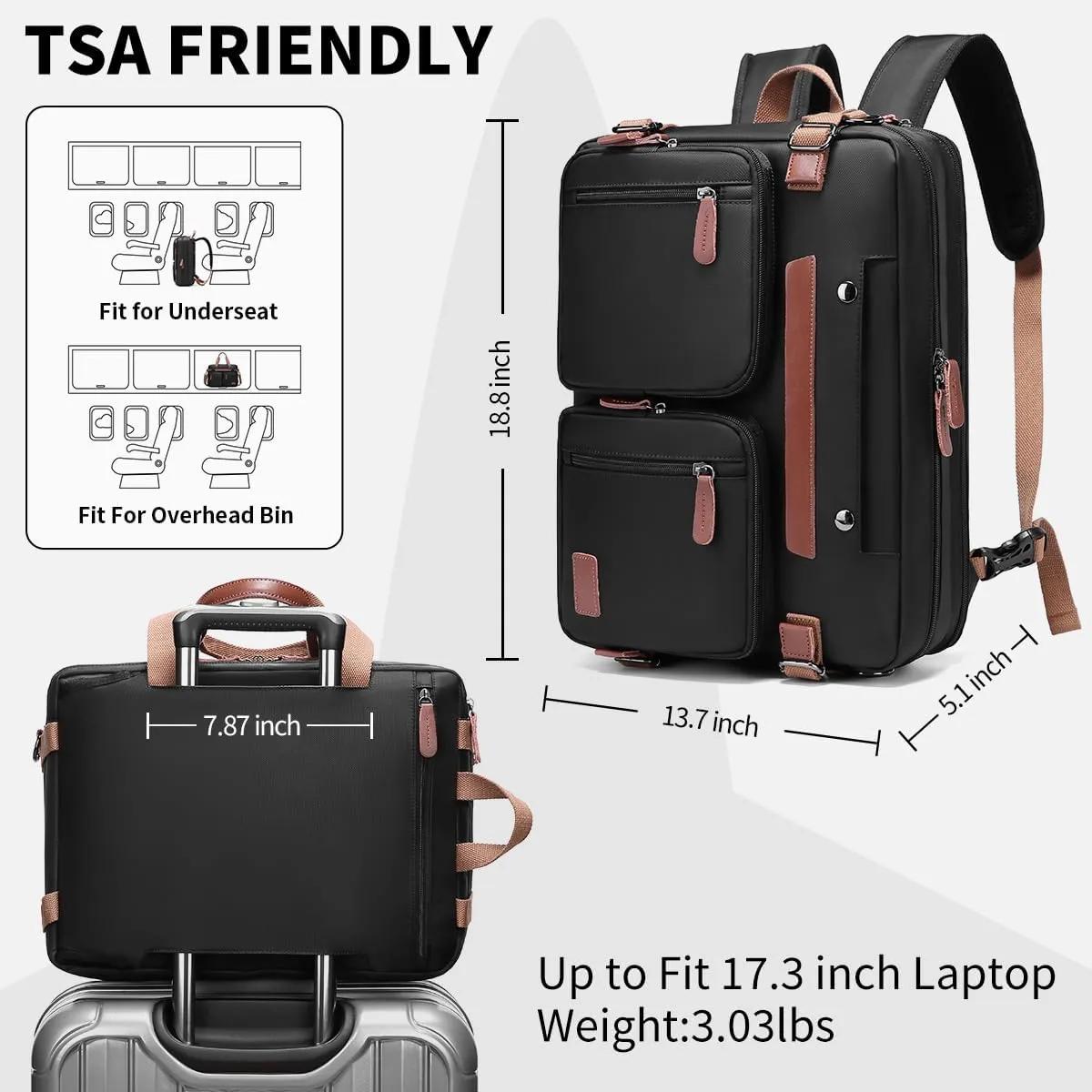 3 in 1 Computer Bag for Men, 17.3 Inch Laptop Backpack, Work Briefcase, Black