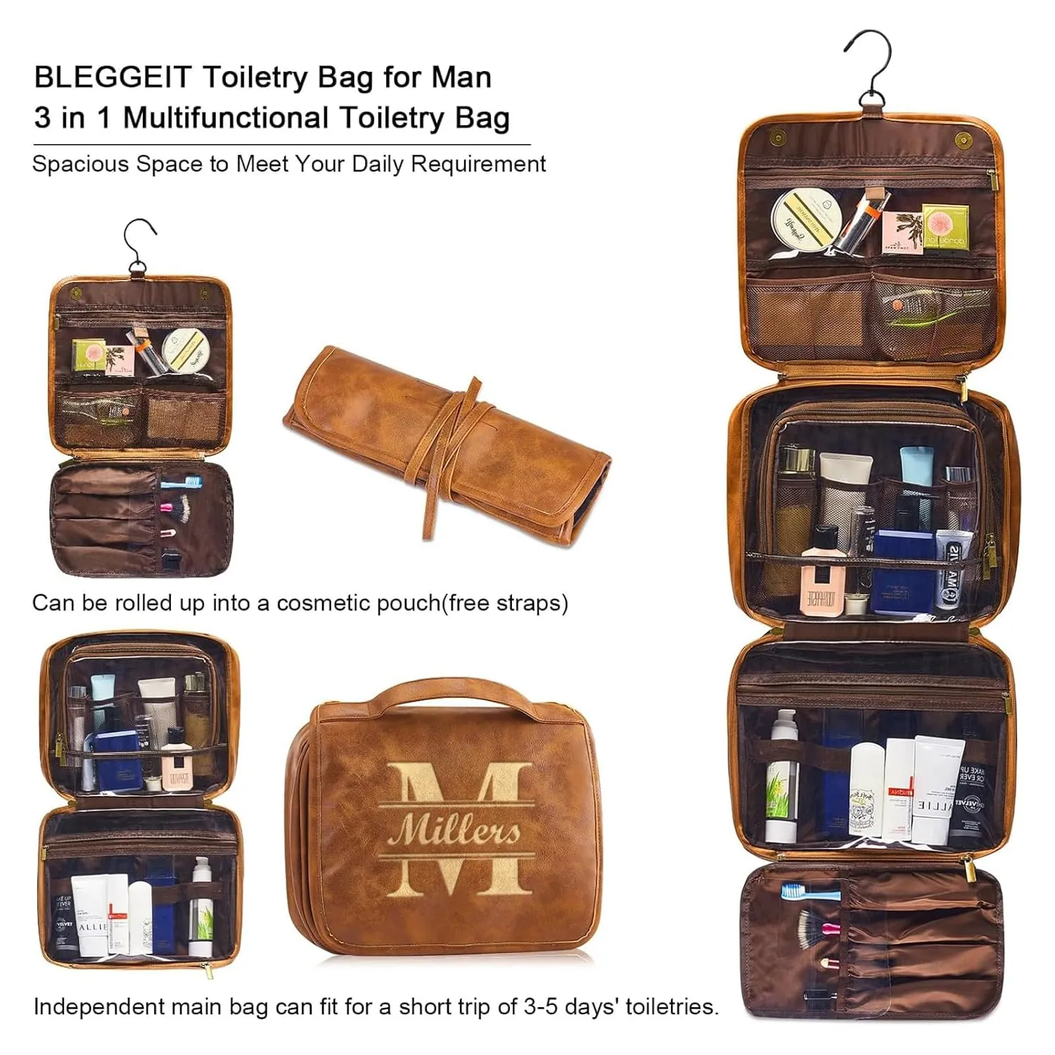 3-in-1 Personalized Toiletry Bag For Men, Waterproof PU Leather Travel Dopp Kit, Large Hanging Travel Organizer Bag, Gifts for Dad, Hubby, Boyfriend, Bridegroom, Groomsmen, Father's Day (Style 3)