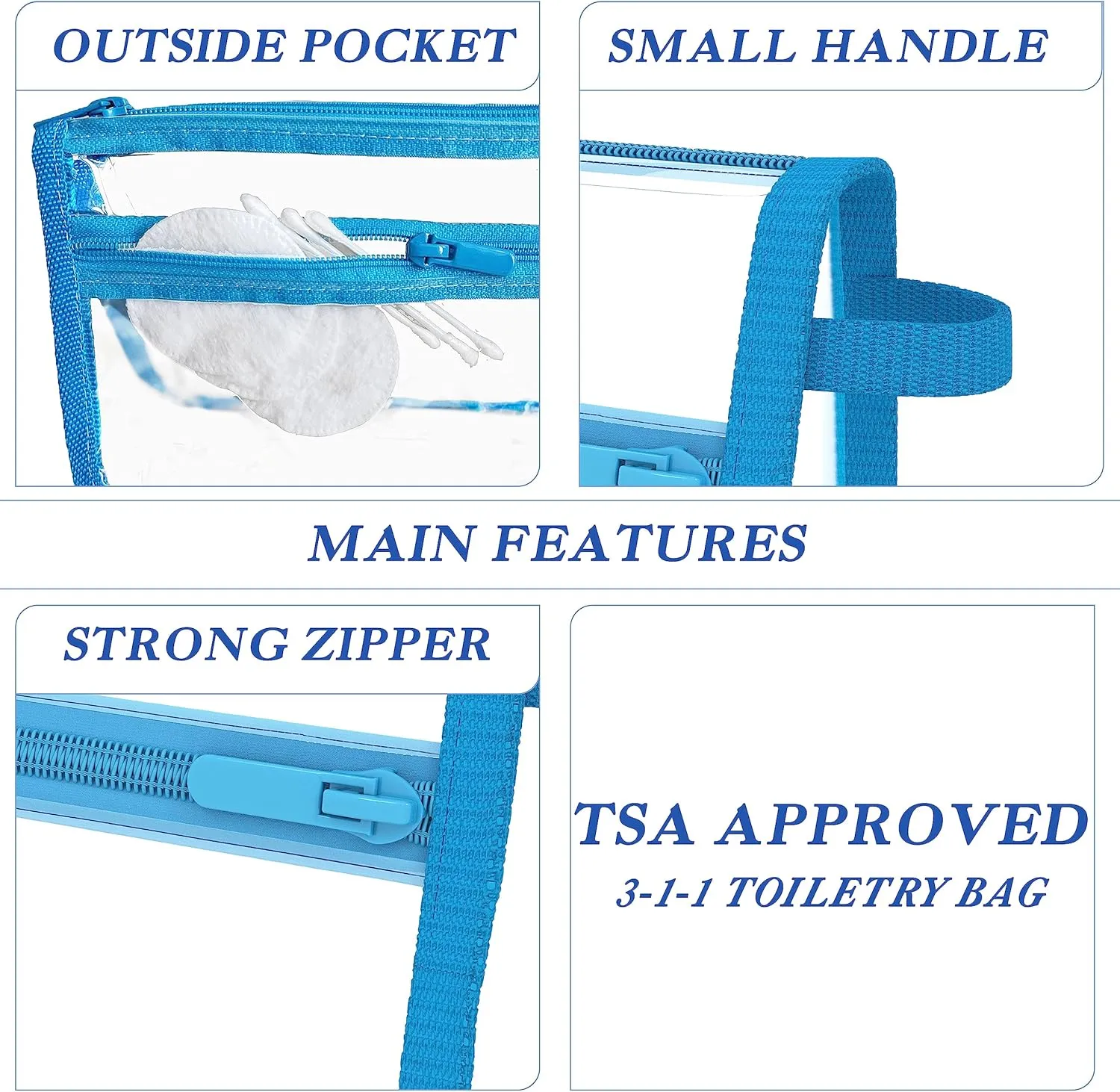 3 Pack TSA Approved Toiletry Bag - Quart Size Travel Bag for Toiletries - Reusable Clear Bag for Liquids - 311 Compliant Airplane Bag Blue