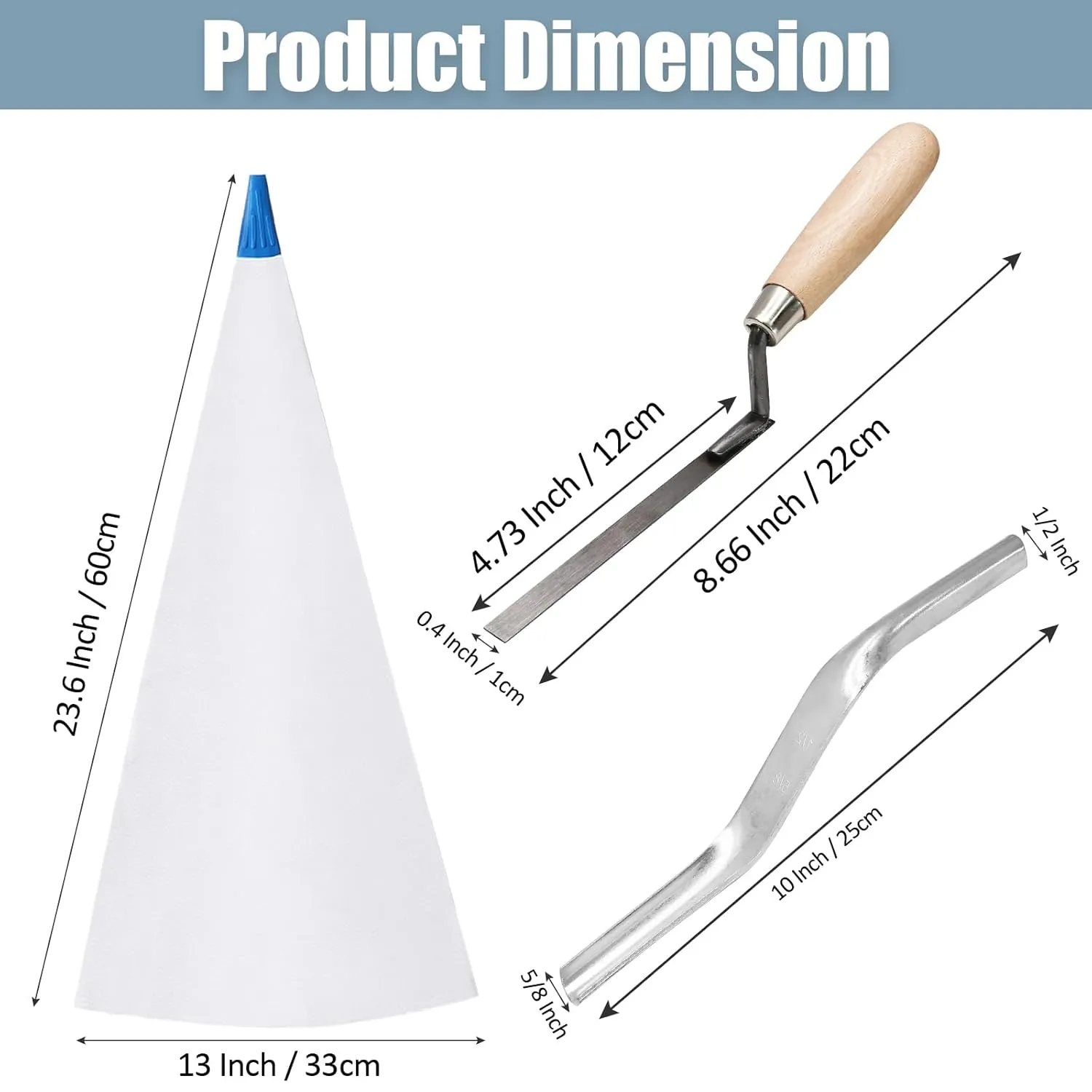 3 Pcs Tile Grout Masonry Mortar Bag with Brick Jointer and Tuck Pointers, 13 x 24 Inch Heavy Duty Tear Puncture Resistant Cement Bag, Caulking Bag for Masonry Tile Installation (Blue Tip)