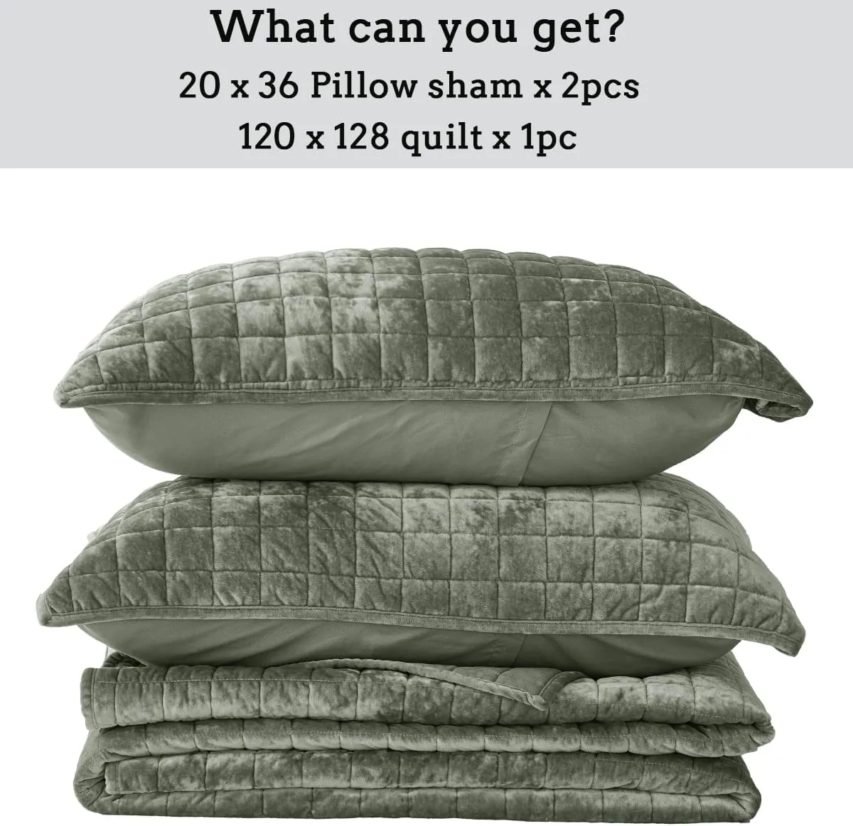 3 Pieces Luxurious Velvet Oversized King Quilts Set 120x128 Bedspread Coverlet Quilted Bedding Set with 2 Pillow Shams 20x36 Ultra Soft Comforter for All Season, Army Green