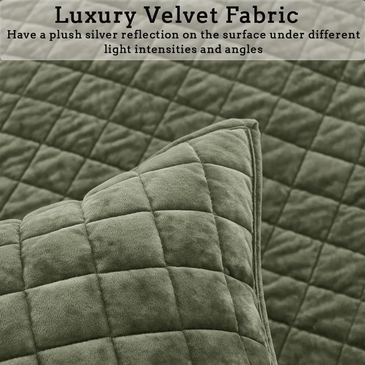 3 Pieces Luxurious Velvet Oversized King Quilts Set 120x128 Bedspread Coverlet Quilted Bedding Set with 2 Pillow Shams 20x36 Ultra Soft Comforter for All Season, Army Green