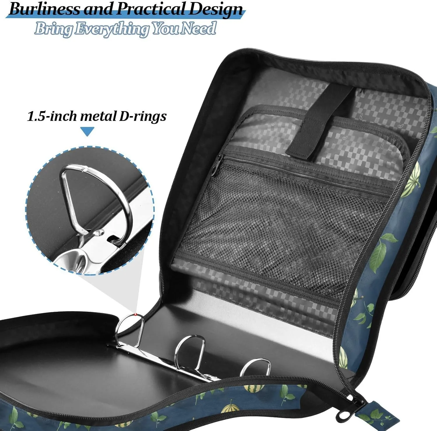 3 Rings 1.5 inch Office Binder Organizer with Shoulder Strap Multiple Pockets Portable Home Travel Safe Storage Bag for Middle School Cartoon Watermelon Fruit