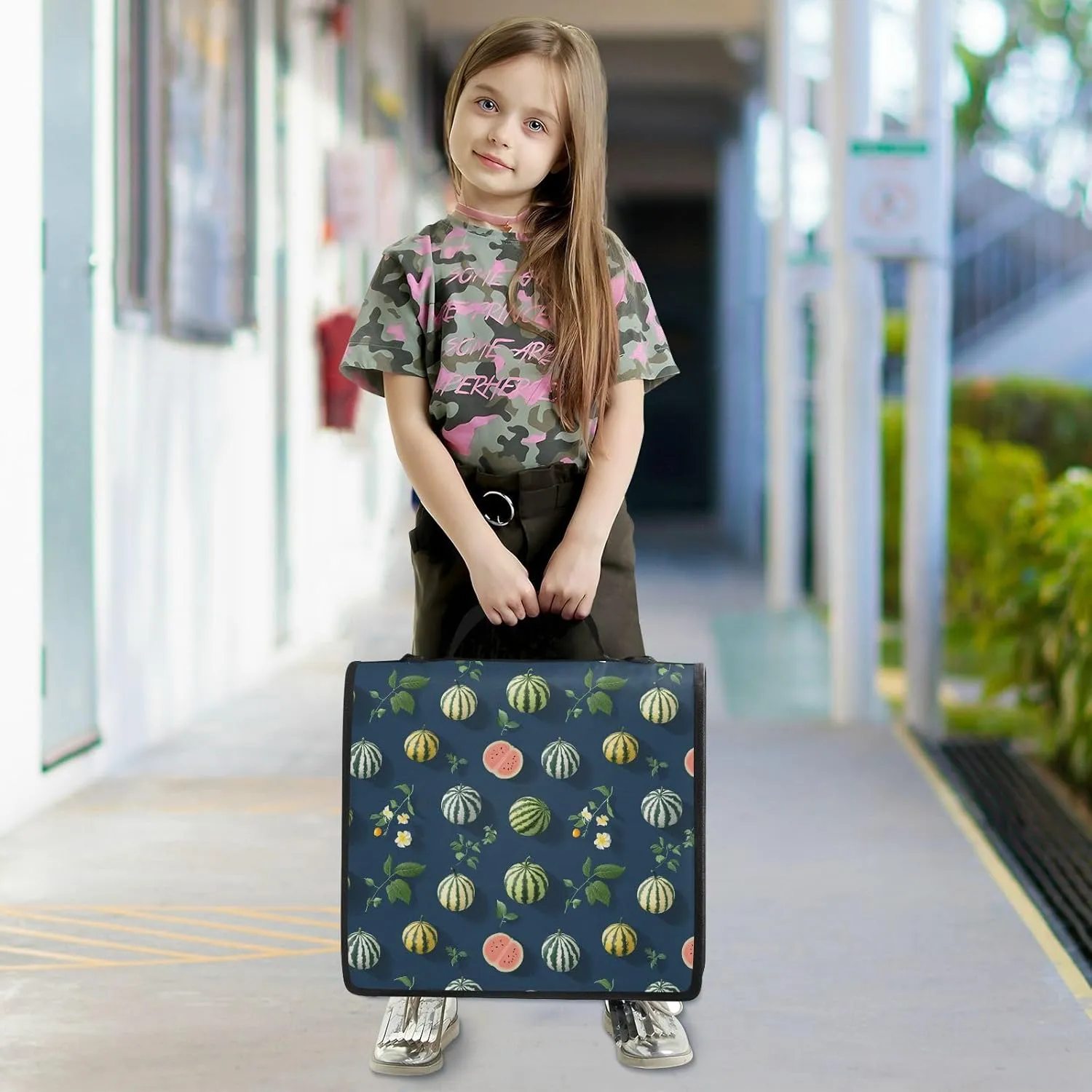 3 Rings 1.5 inch Office Binder Organizer with Shoulder Strap Multiple Pockets Portable Home Travel Safe Storage Bag for Middle School Cartoon Watermelon Fruit