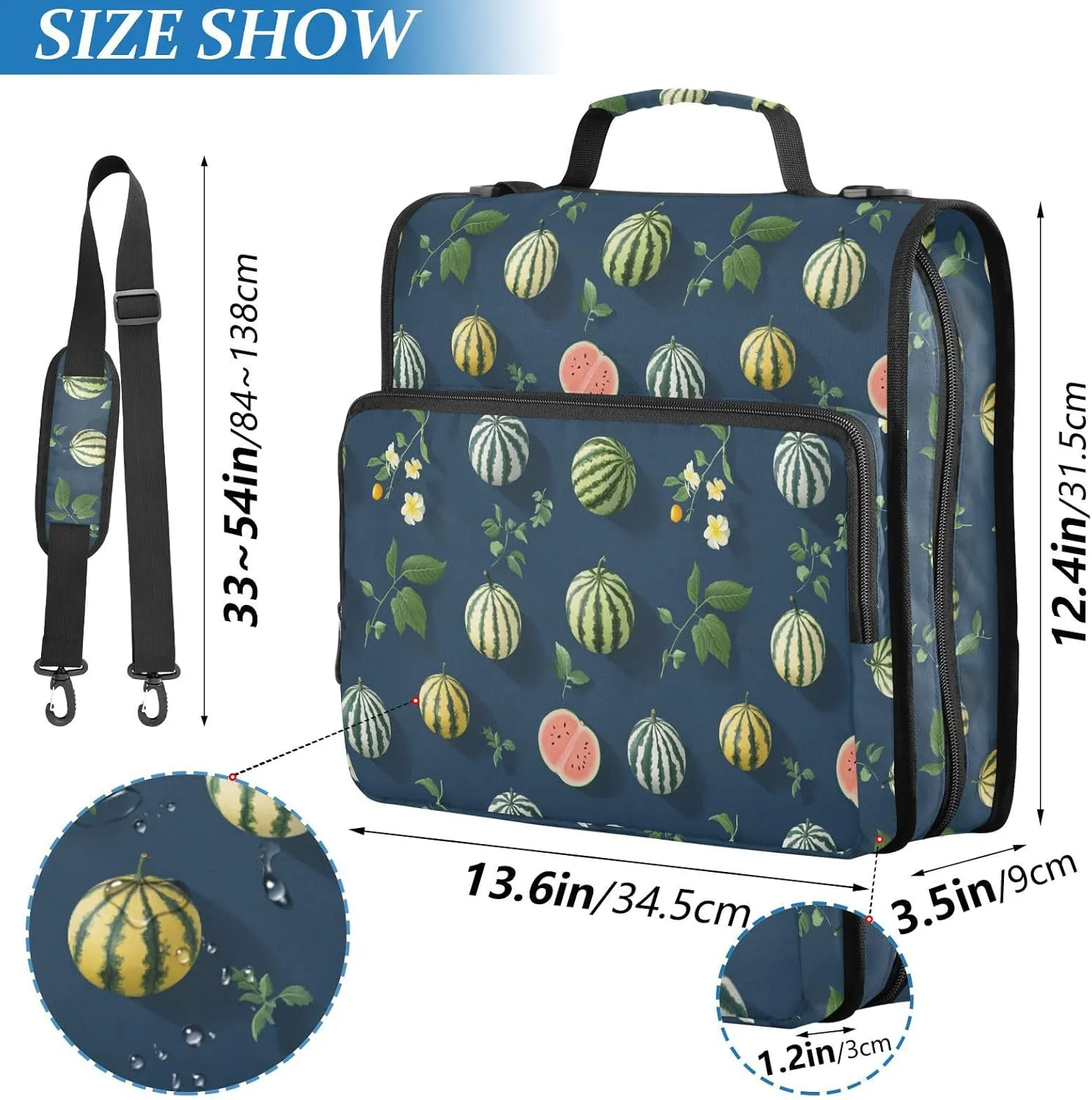 3 Rings 1.5 inch Office Binder Organizer with Shoulder Strap Multiple Pockets Portable Home Travel Safe Storage Bag for Middle School Cartoon Watermelon Fruit