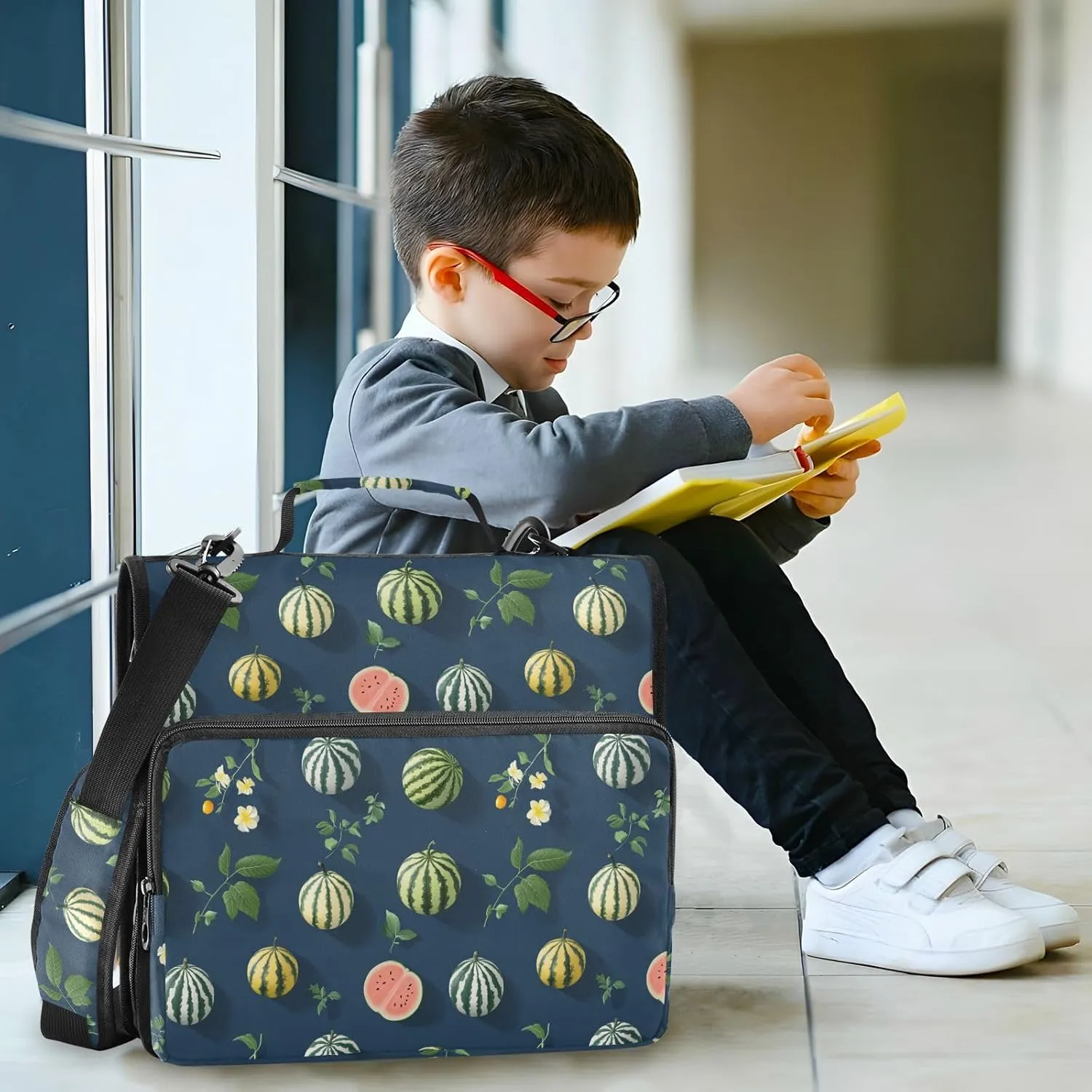 3 Rings 1.5 inch Office Binder Organizer with Shoulder Strap Multiple Pockets Portable Home Travel Safe Storage Bag for Middle School Cartoon Watermelon Fruit