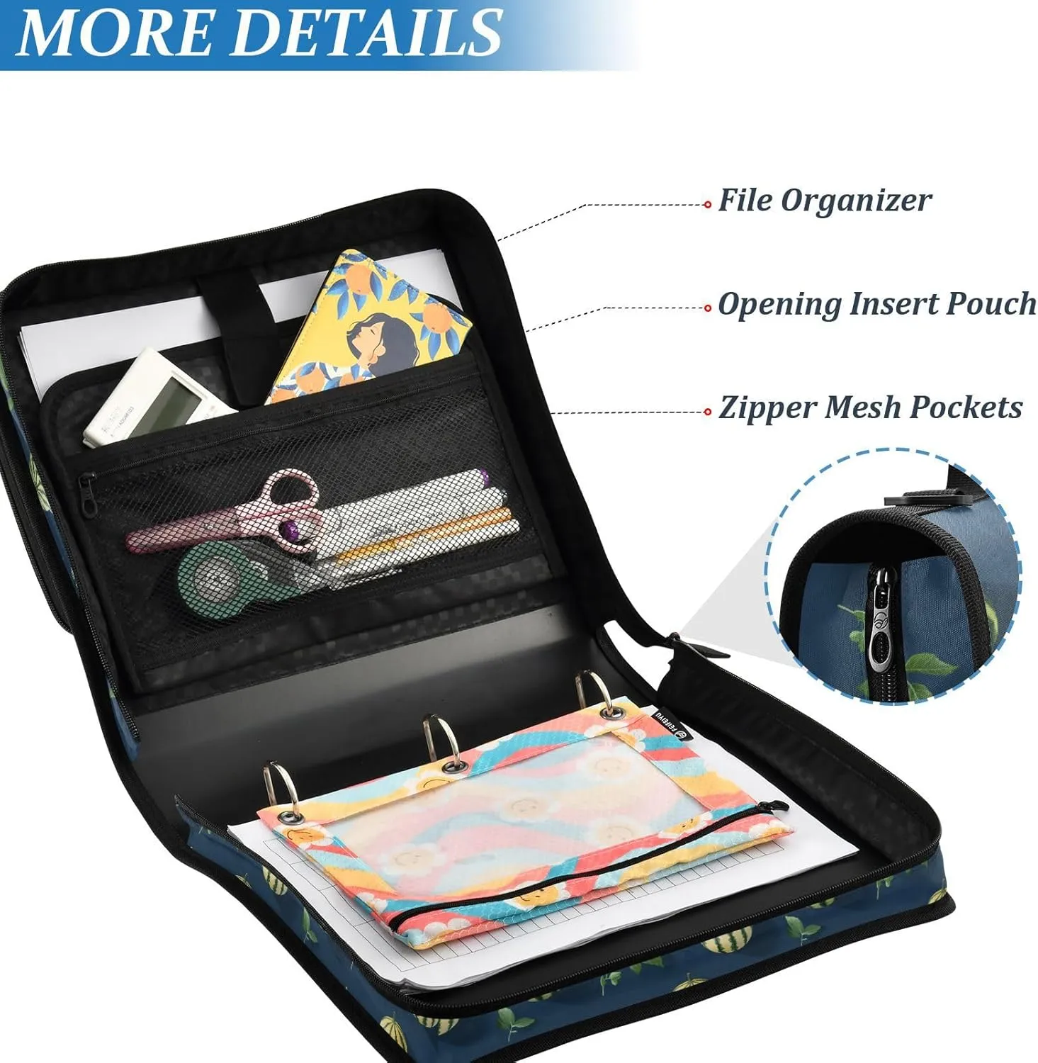3 Rings 1.5 inch Office Binder Organizer with Shoulder Strap Multiple Pockets Portable Home Travel Safe Storage Bag for Middle School Cartoon Watermelon Fruit