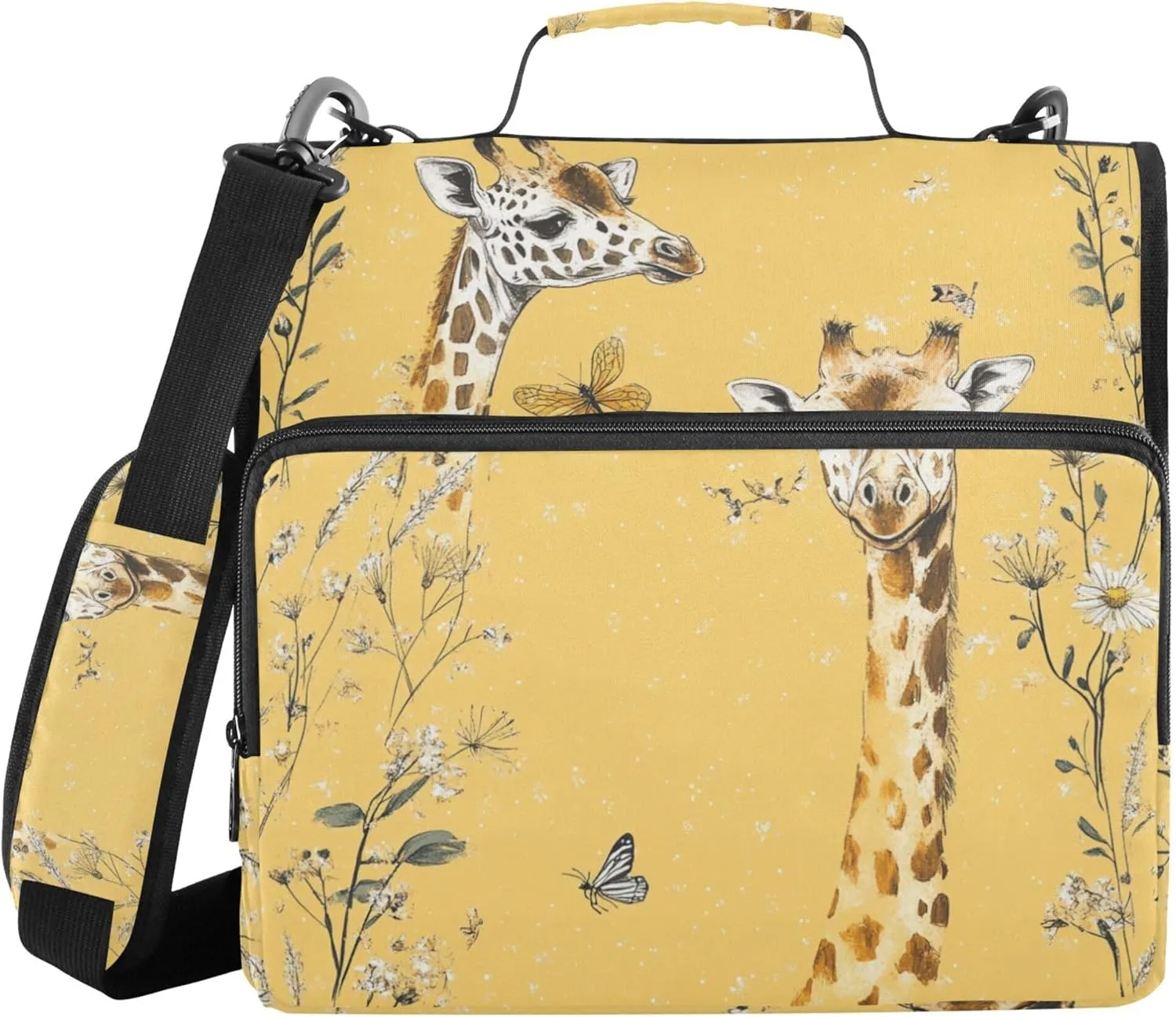 3 Rings 1.5 inch Organizer Binder with Handle and Removable Shoulder Strap Multi-Pocket Documents Files Storage Bag for Middle Student Art Giraffe Yellow