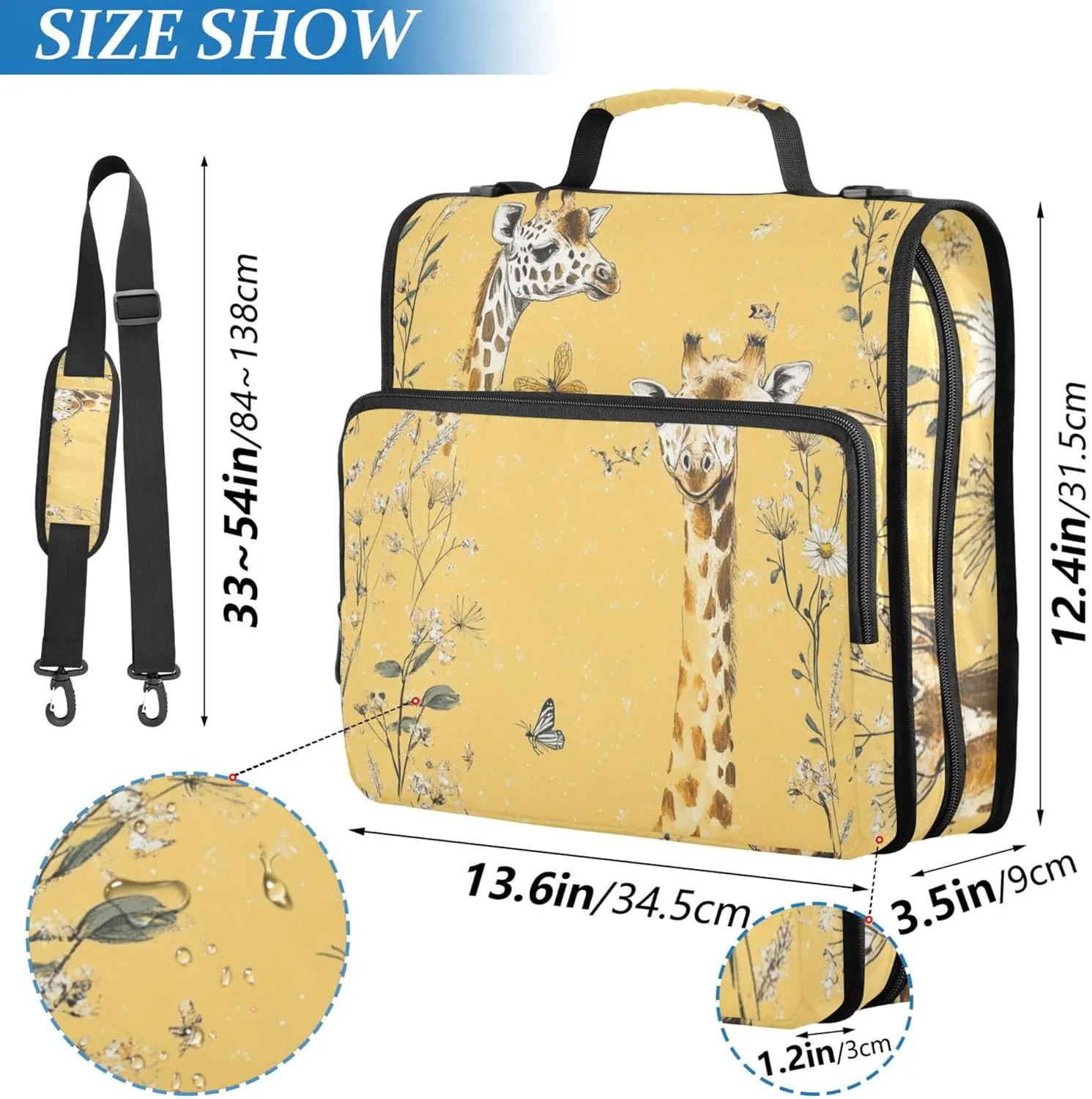 3 Rings 1.5 inch Organizer Binder with Handle and Removable Shoulder Strap Multi-Pocket Documents Files Storage Bag for Middle Student Art Giraffe Yellow