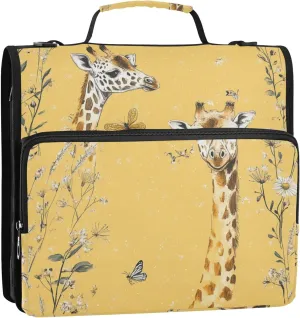 3 Rings 1.5 inch Organizer Binder with Handle and Removable Shoulder Strap Multi-Pocket Documents Files Storage Bag for Middle Student Art Giraffe Yellow