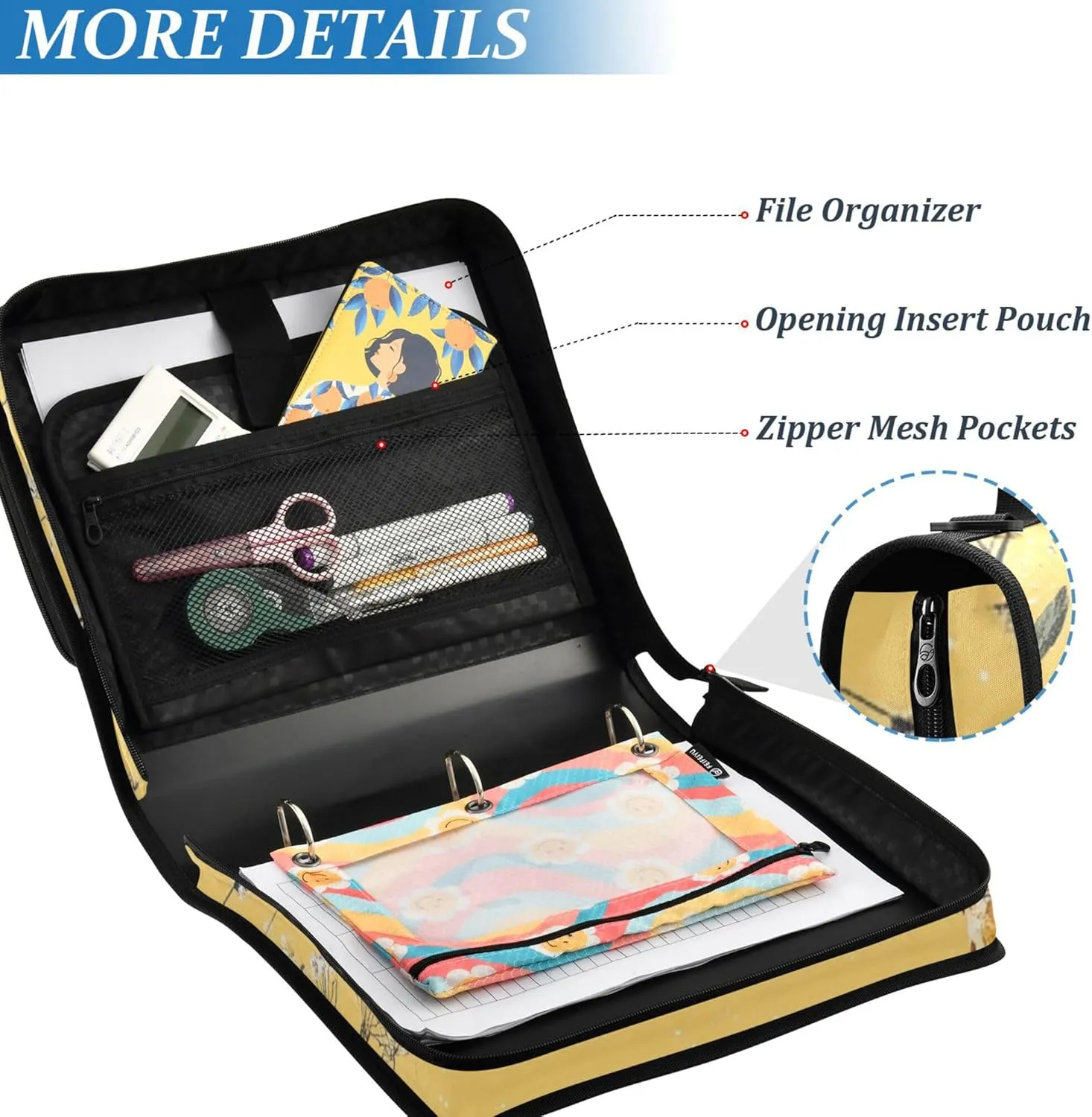 3 Rings 1.5 inch Organizer Binder with Handle and Removable Shoulder Strap Multi-Pocket Documents Files Storage Bag for Middle Student Art Giraffe Yellow