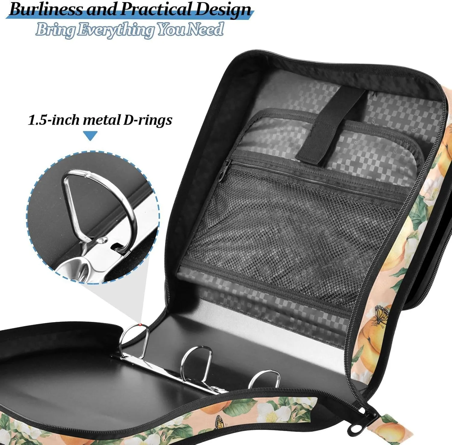 3 Rings 1.5 inch Zipper Binder Organizer with Handle and Removable Shoulder Strap Includes Zip Pocket Portable Home Travel Safe Storage Bag for Middle School Beauty Quince Fruit