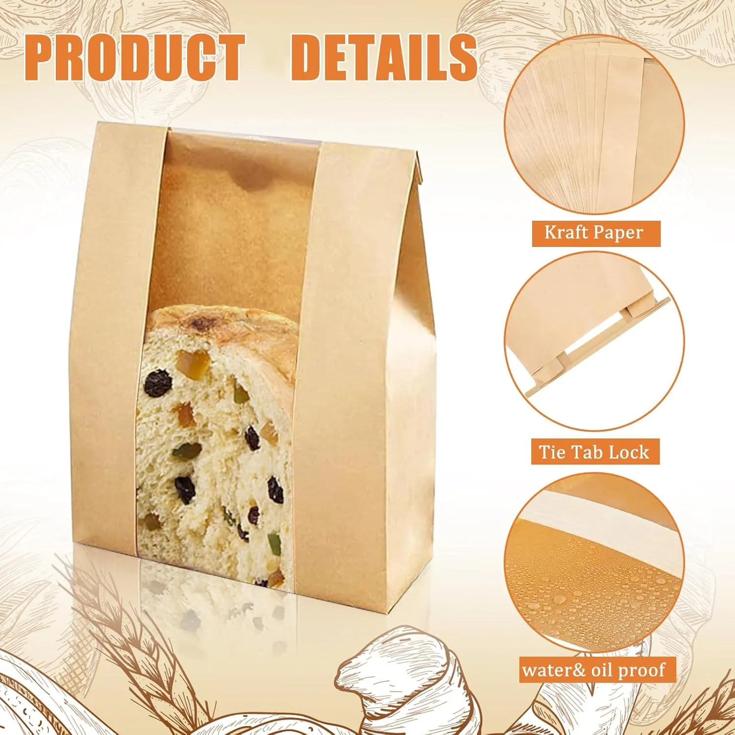 30Pcs Large Kraft Paper Bread Bags with Window, 14" x 8.3" x 3.5" Homemade Sourdough Bread Storage Bag for Cookies, Bakery, Treats, Food Packing Storage with 120 Label Seal Stickers