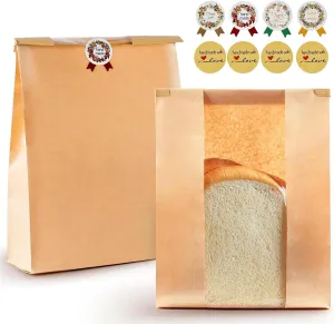 30Pcs Large Kraft Paper Bread Bags with Window, 14" x 8.3" x 3.5" Homemade Sourdough Bread Storage Bag for Cookies, Bakery, Treats, Food Packing Storage with 120 Label Seal Stickers