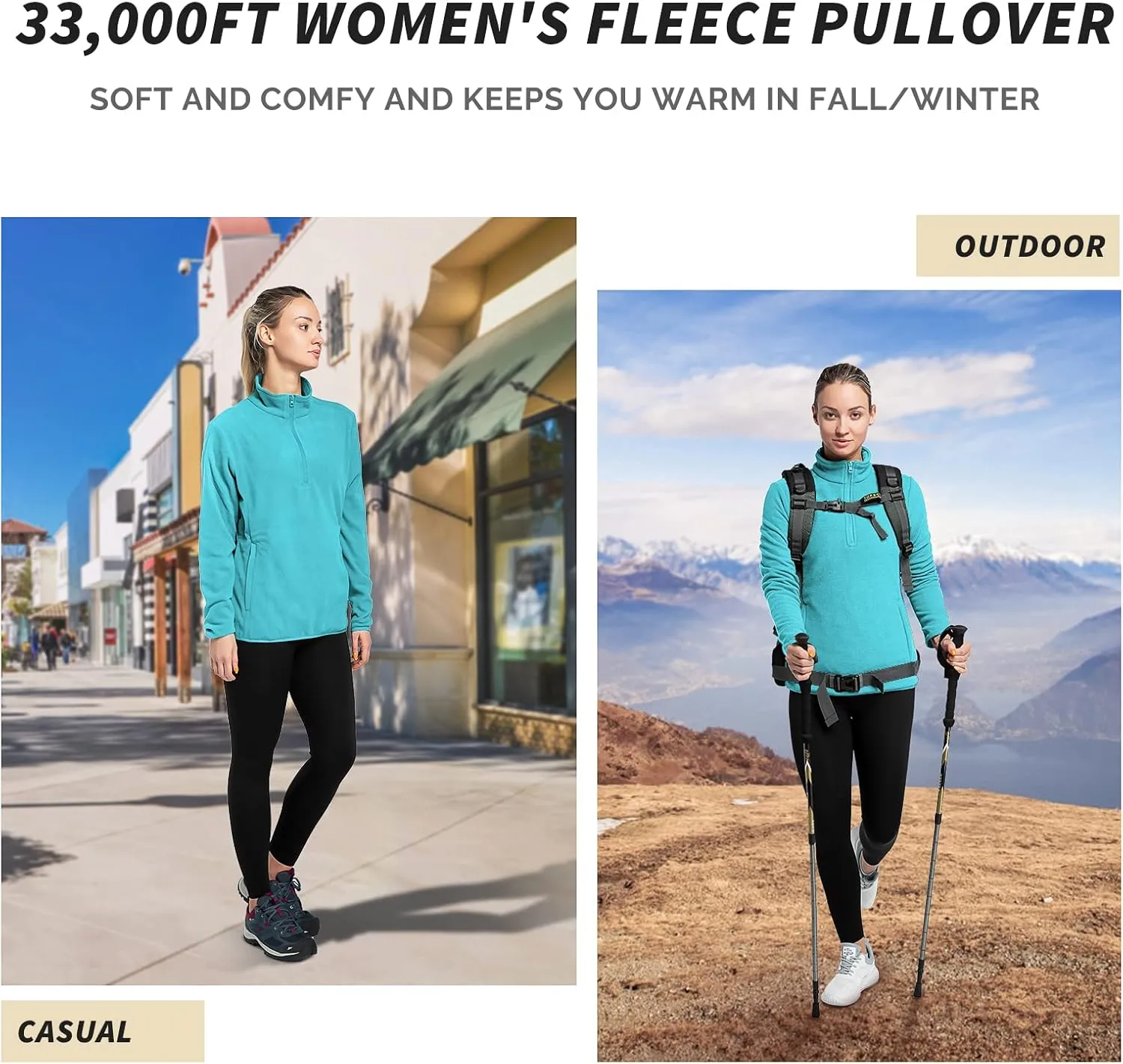 33,000ft Women's Lightweight Long Sleeve Fleece Pullover Jacket, Quarter Zip Top Warm Polar Sweatshirt with Zipper Pockets