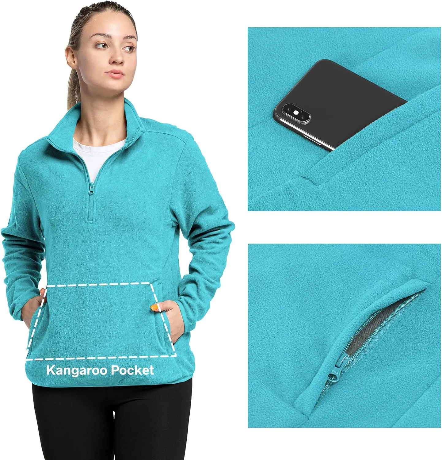 33,000ft Women's Lightweight Long Sleeve Fleece Pullover Jacket, Quarter Zip Top Warm Polar Sweatshirt with Zipper Pockets