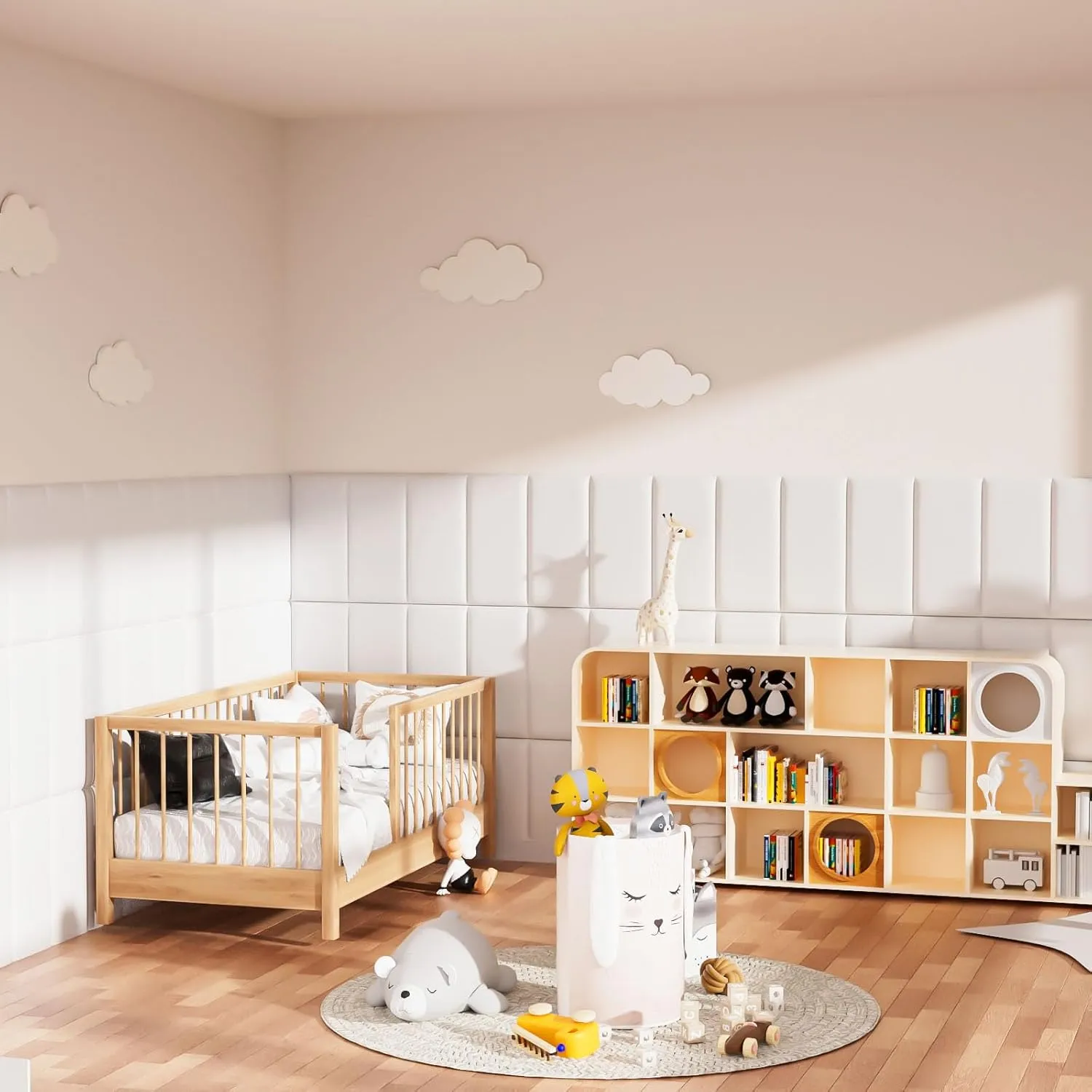 3D Anti-Collision Wall Padding for Kids, White Peel and Stick Headboard Pack of 4 Panels Sized 7.8" x 15.7", Self-Adhesive Panels for Bedroom/Living Room Upholstered Wall