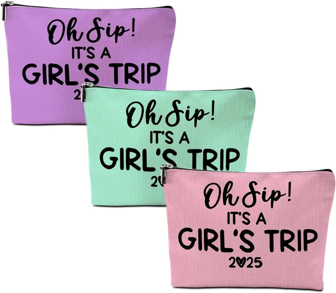 3Pcs Girl Trip 2025 Makeup Bag Funny Girls Trip Gifts Favors Girls Weekend Gifts Weekender Bag Summer Vacation Birthday Graduation Cosmetic Bag Travel Toiletry Bags Friendship Gifts for Women Bestie