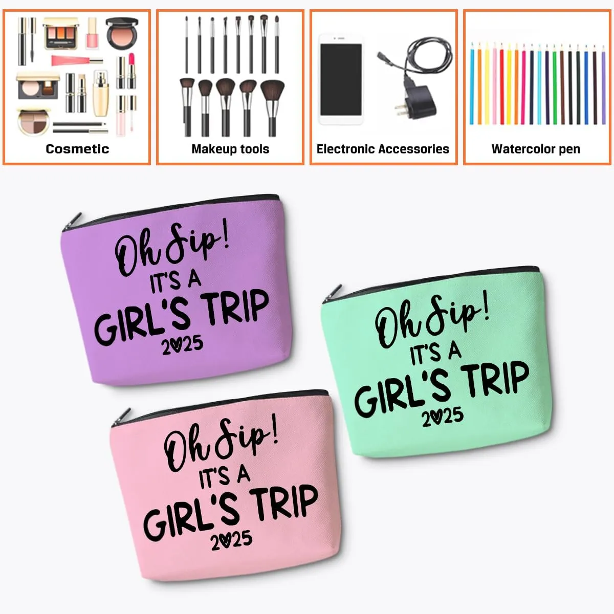 3Pcs Girl Trip 2025 Makeup Bag Funny Girls Trip Gifts Favors Girls Weekend Gifts Weekender Bag Summer Vacation Birthday Graduation Cosmetic Bag Travel Toiletry Bags Friendship Gifts for Women Bestie