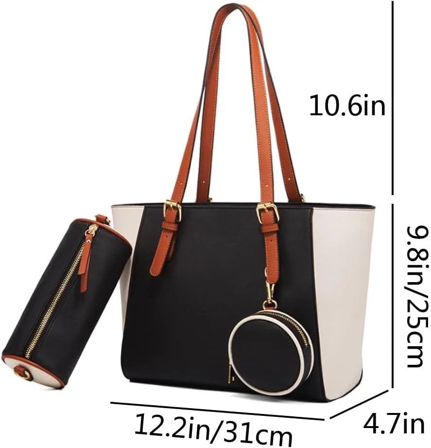 3pcs Women Stitching Tote Shoulder Handbag and Purse PU Cylindrical Crossbody Bag Coin Wallet