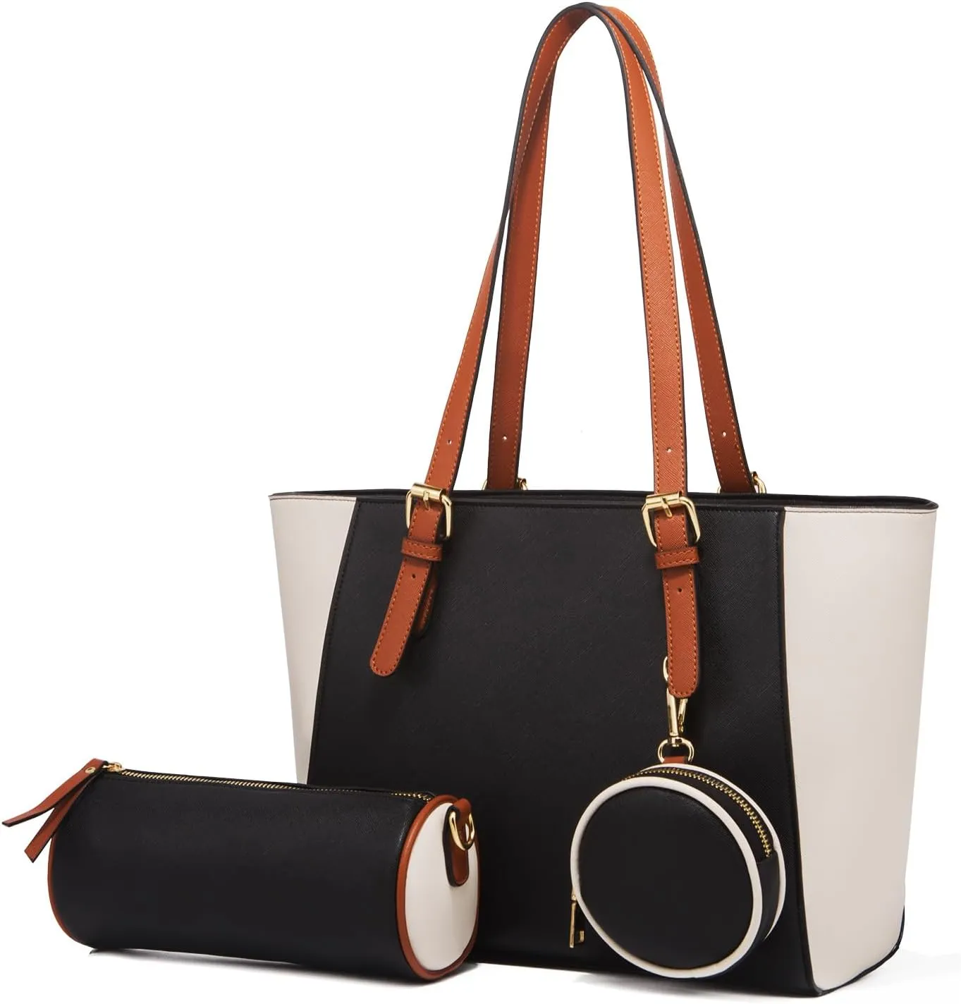 3pcs Women Stitching Tote Shoulder Handbag and Purse PU Cylindrical Crossbody Bag Coin Wallet