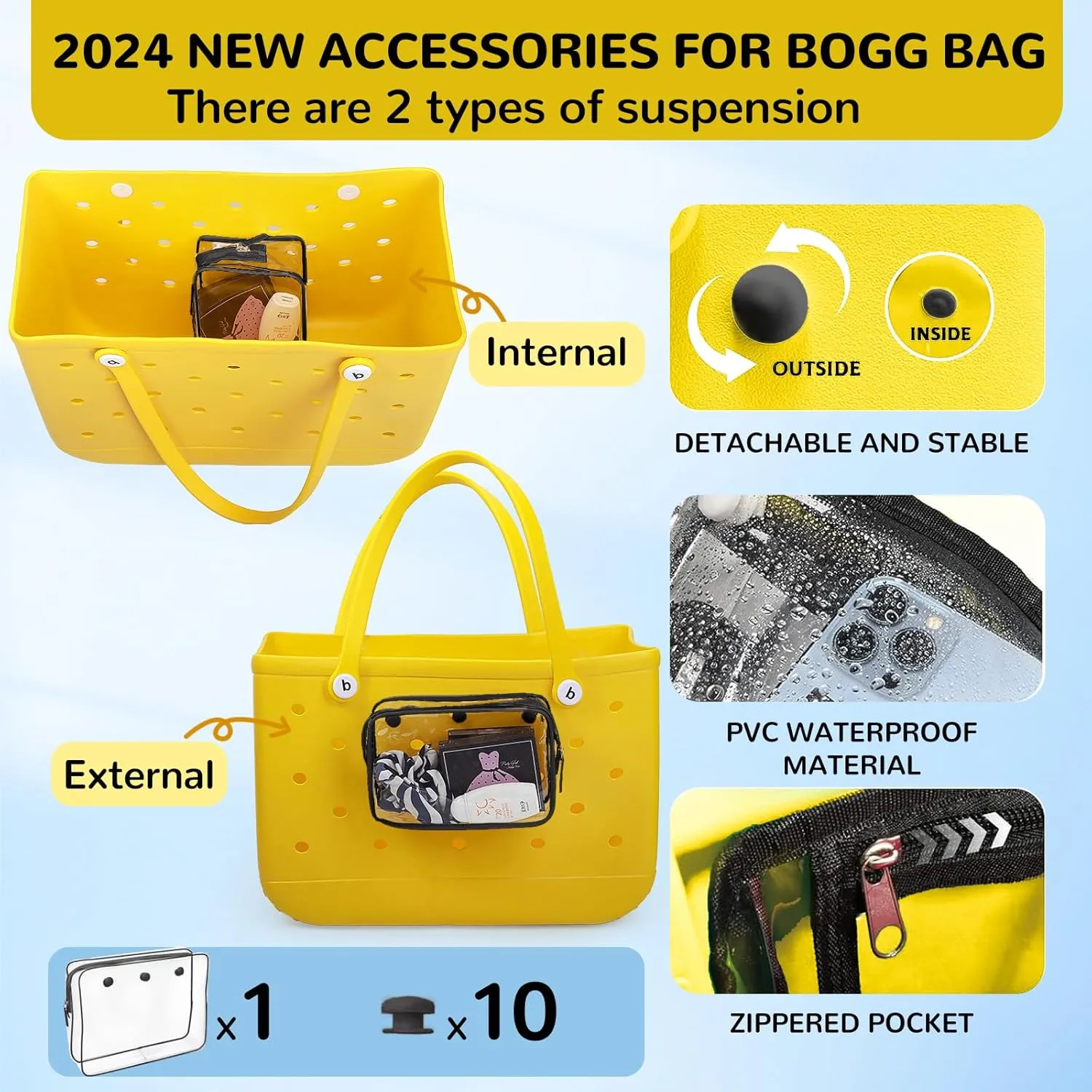 4 Packs Clear Bogg Bag Accessories with a Pair of Arm Sleeves and 2 Packs Decoration Charms for Bogg Bag Beach Tote Bag Travel Cellphone Makeup Clean Toiletry Brush Cosmetic Organizer- Black