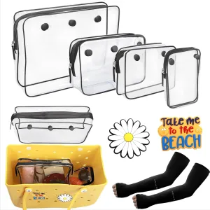4 Packs Clear Bogg Bag Accessories with a Pair of Arm Sleeves and 2 Packs Decoration Charms for Bogg Bag Beach Tote Bag Travel Cellphone Makeup Clean Toiletry Brush Cosmetic Organizer- Black