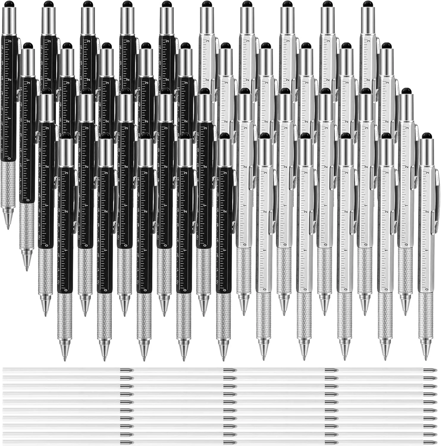 40 Pieces 6 in 1 Ballpoint Multi Function Screwdriver Pen Tech Tools Multi Tool Pen with Ruler Level Gauge Screwdriver Levelgauge and 40 Pieces Black Ink Refills Gifts for Men Dad Father