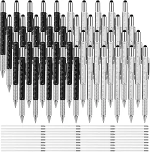 40 Pieces 6 in 1 Ballpoint Multi Function Screwdriver Pen Tech Tools Multi Tool Pen with Ruler Level Gauge Screwdriver Levelgauge and 40 Pieces Black Ink Refills Gifts for Men Dad Father