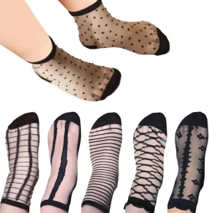 6 Pairs Women's Black Sheer Lace Mesh Socks - Thin Nylon Short Ankle Crew Socks for Size 7-9